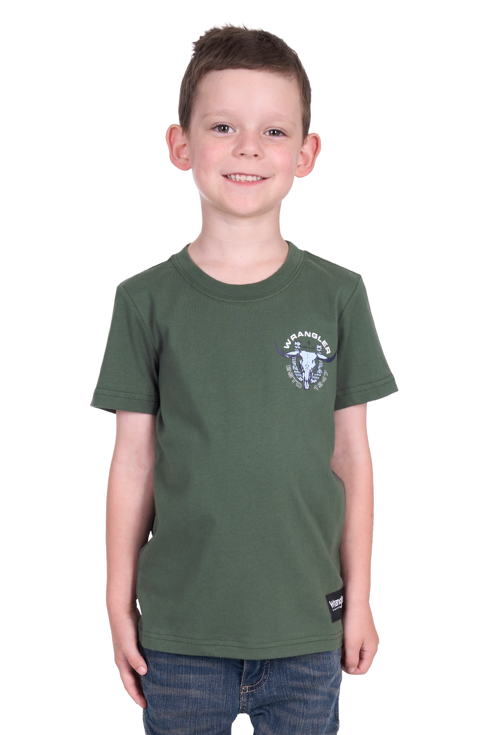 Wrangler Boy's Henry S/S T-Shirt. Child wearing a green t-shirt with a logo on a white background