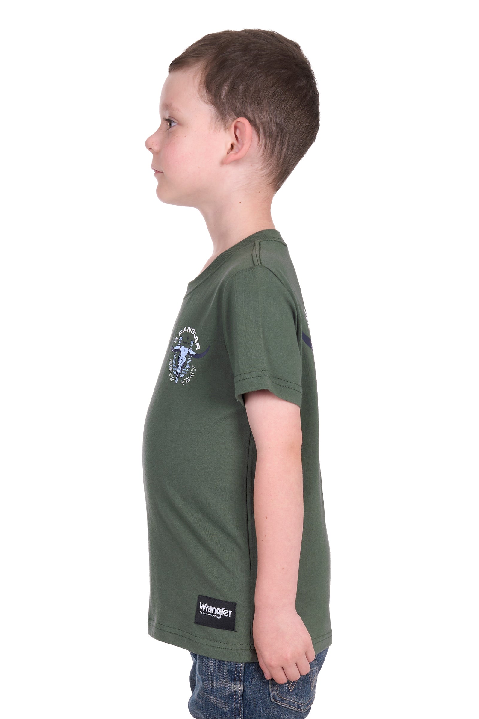 Wrangler Boy's Henry S/S T-Shirt. Child wearing a green t-shirt with a logo on a white background