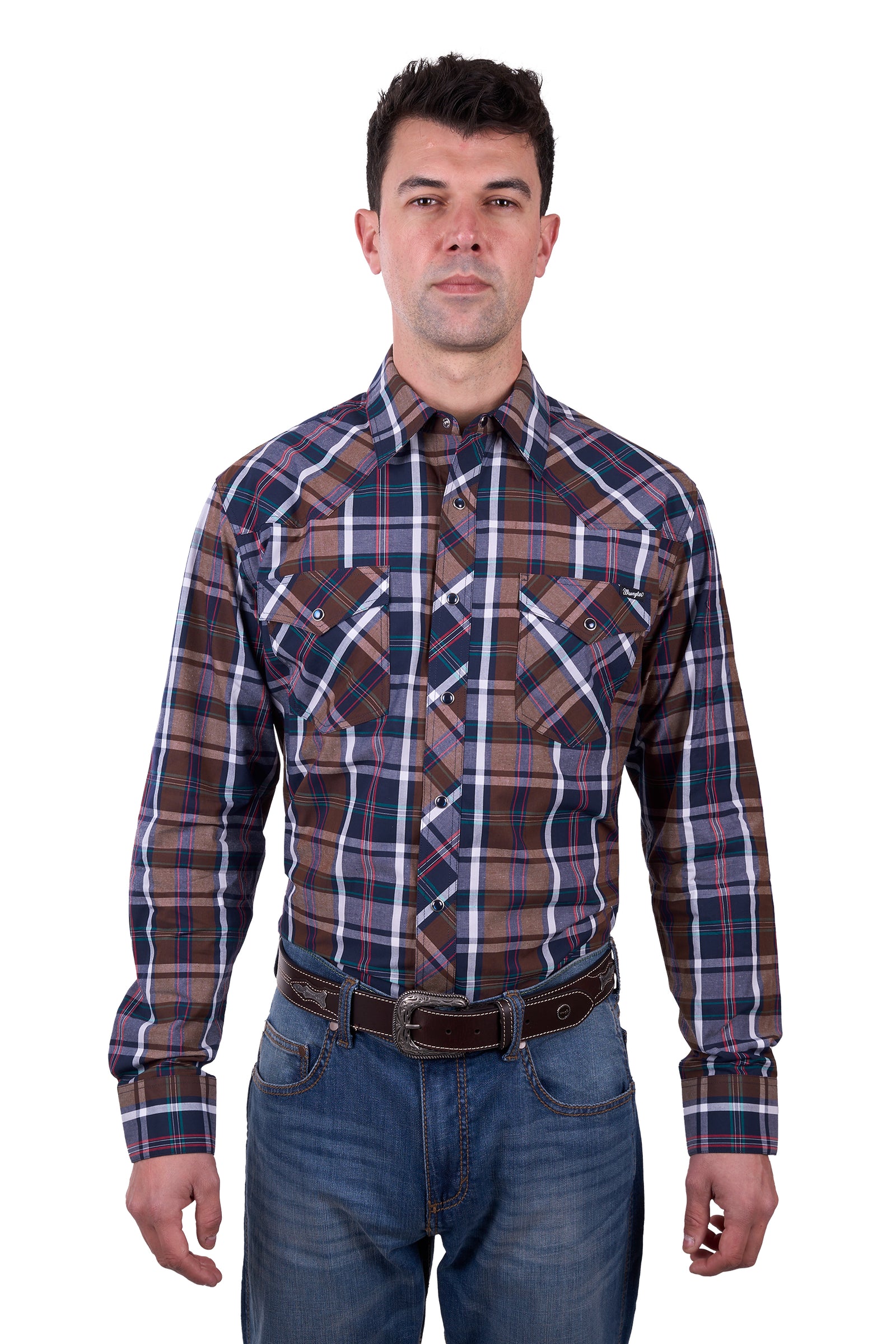 A man wearing a long sleeve plaid Wrangler Men's Milo Western Shirt in brown, blue, and white check, with western chest pockets and a western yoke.