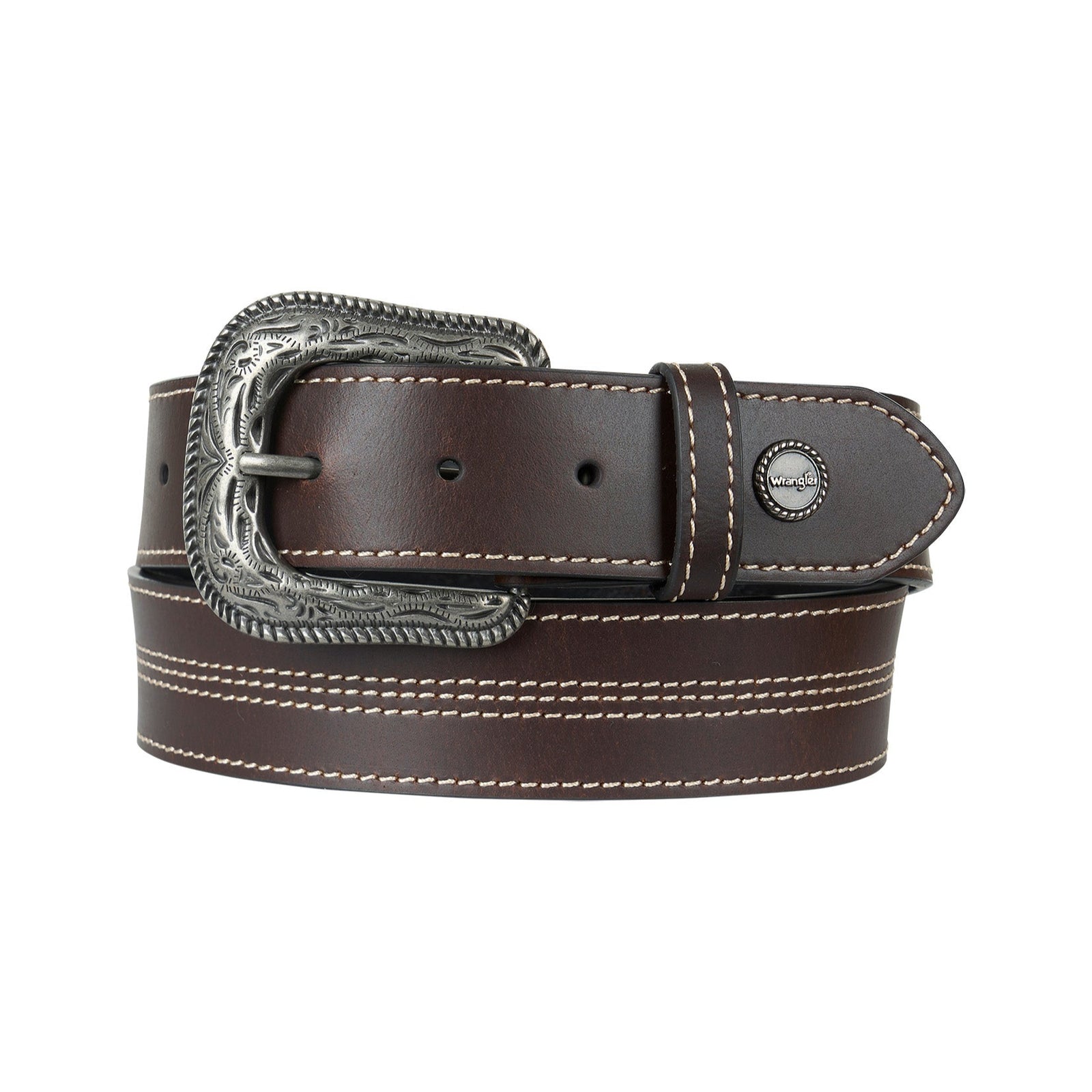 A brown leather Wrangler western belt with a silver buckle and stitching detail.