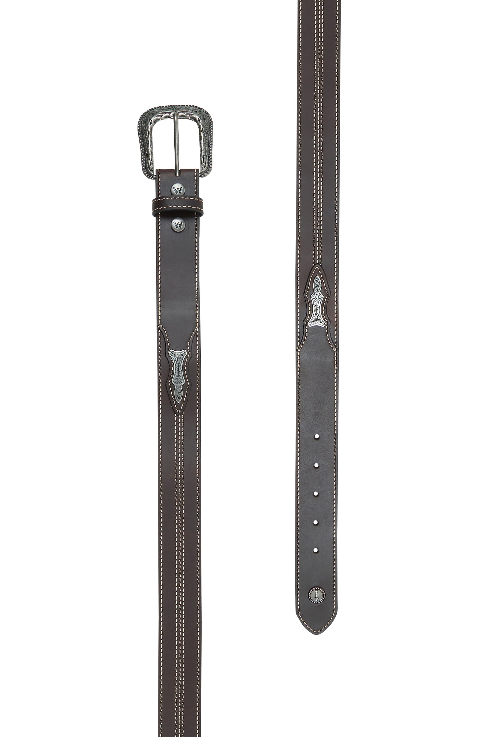 A brown leather Wrangler western belt with a silver buckle and stitching detail.