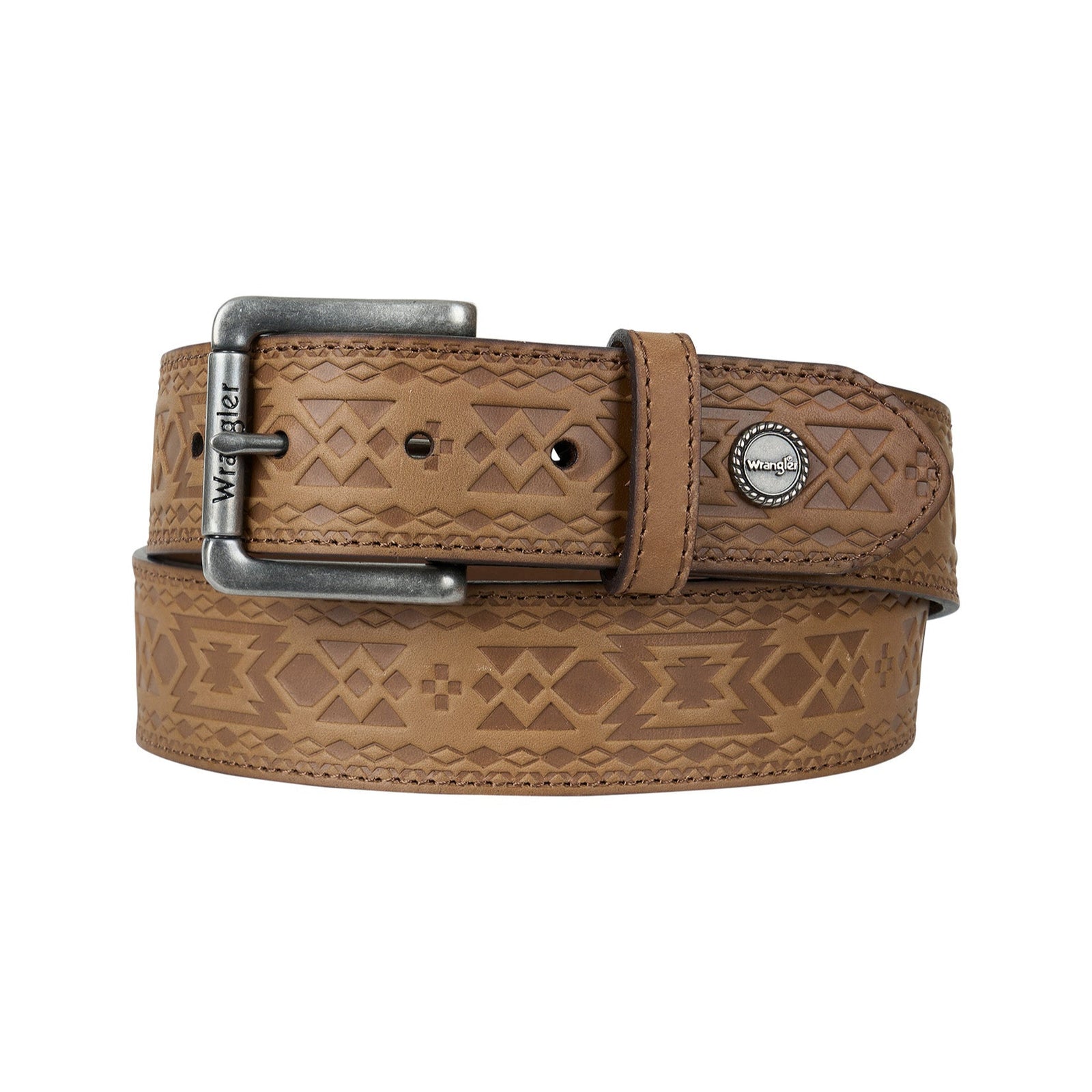 A brown, tooled leather Wrangler western belt with a metal buckle and silver hardware, featuring the Wrangler logo concho.