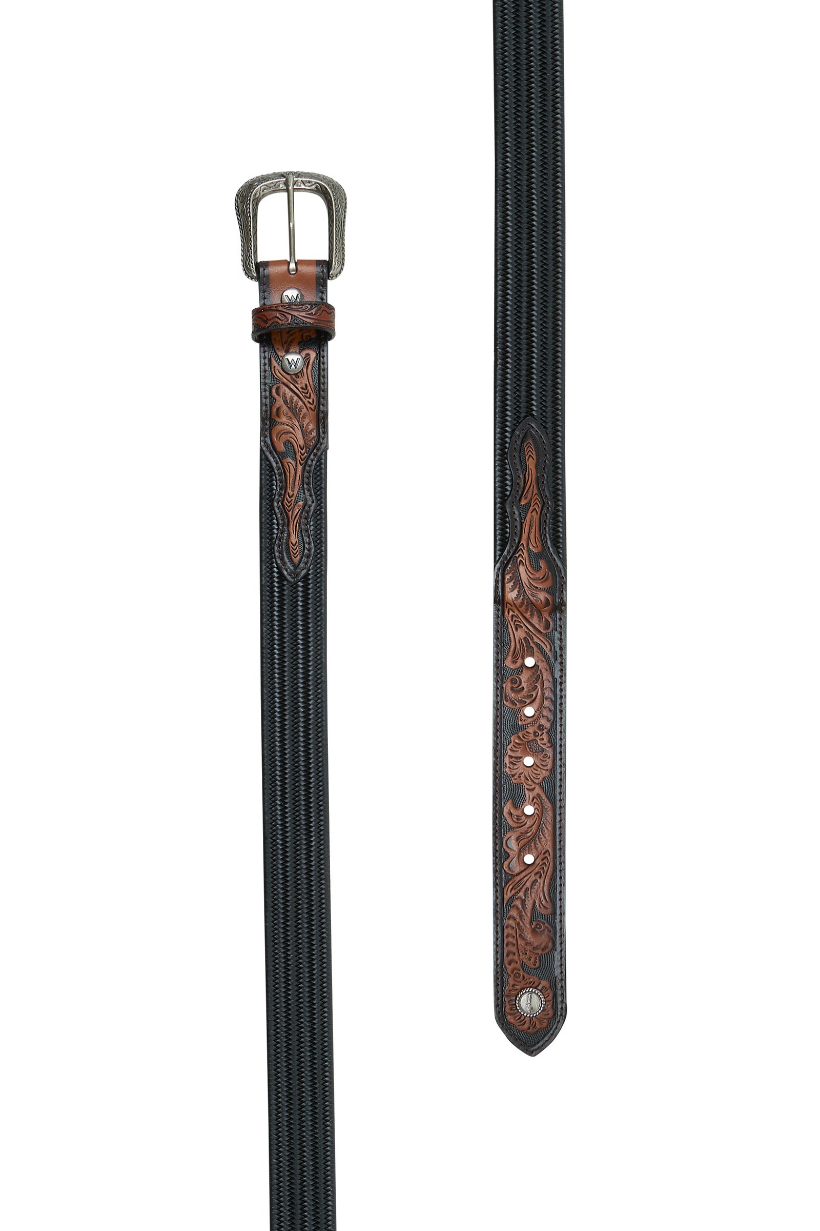 Wrangler Men's Monty Stretch Western Belt with a brown leather strap, iconic logo concho, and antique silver hardware.