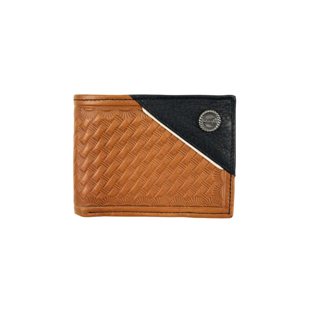 Wrangler Men's Sawyer Western Bi-Fold Wallet. Two-tone wallet with brown and black sections on a white background