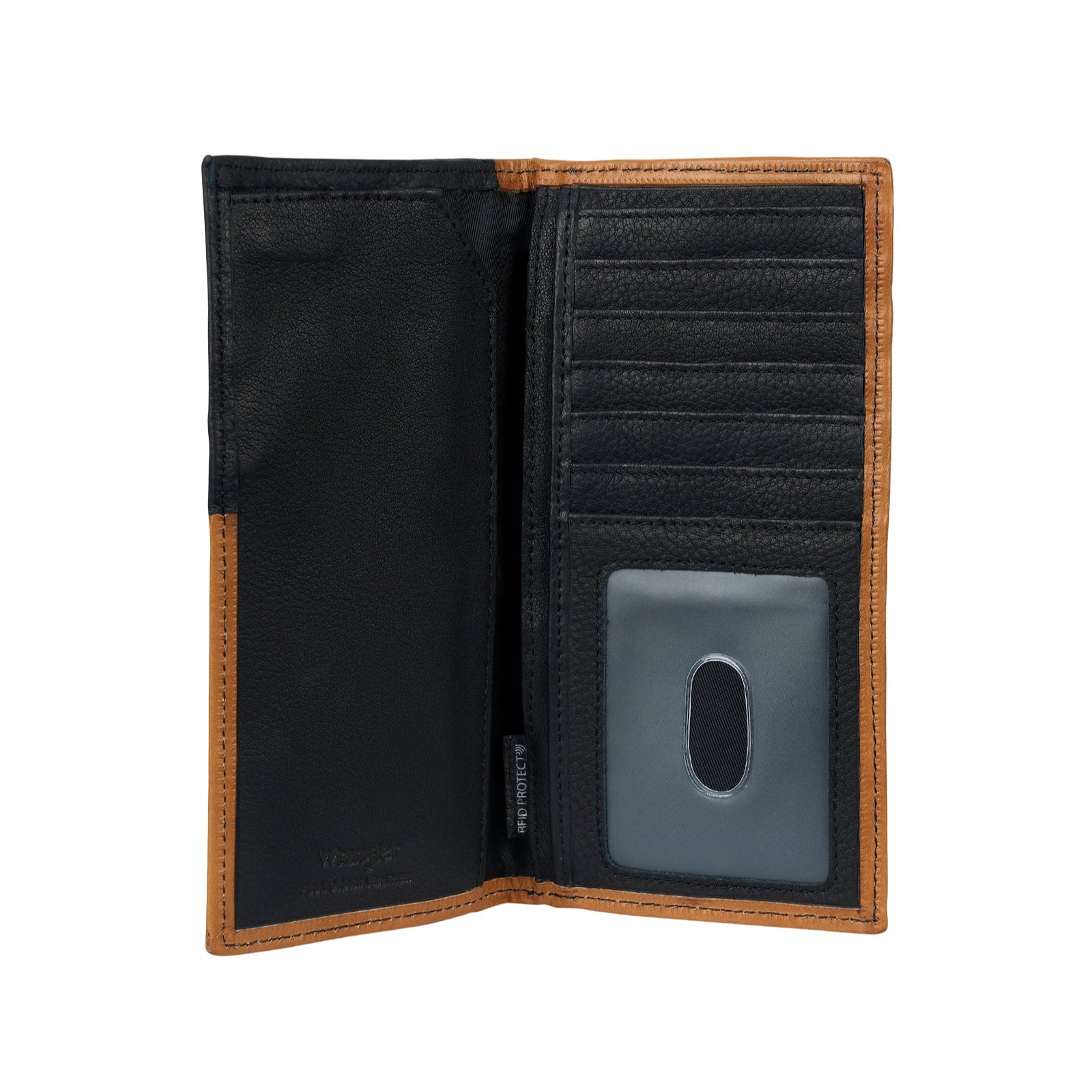 A brown and black wrangler western leather wallet with a basketweave pattern and a metal Wrangler logo concho on the front.