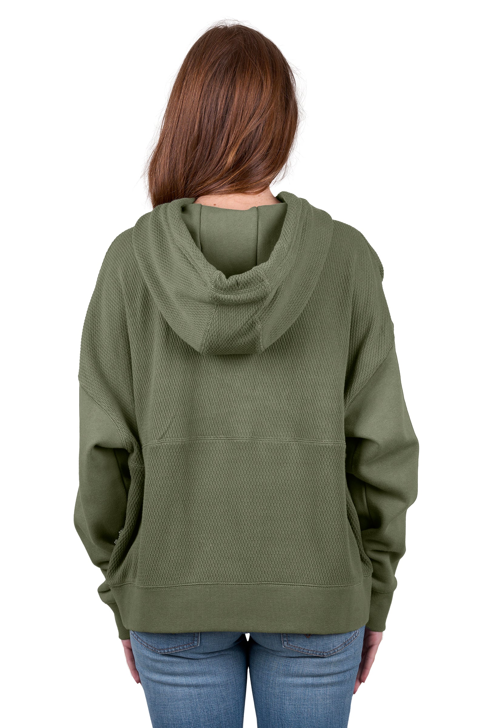 A woman wearing a green Wrangler Women's Lisa Hoodie with a front kangaroo pocket, hood with drawcord, and the Wrangler logo on the chest.