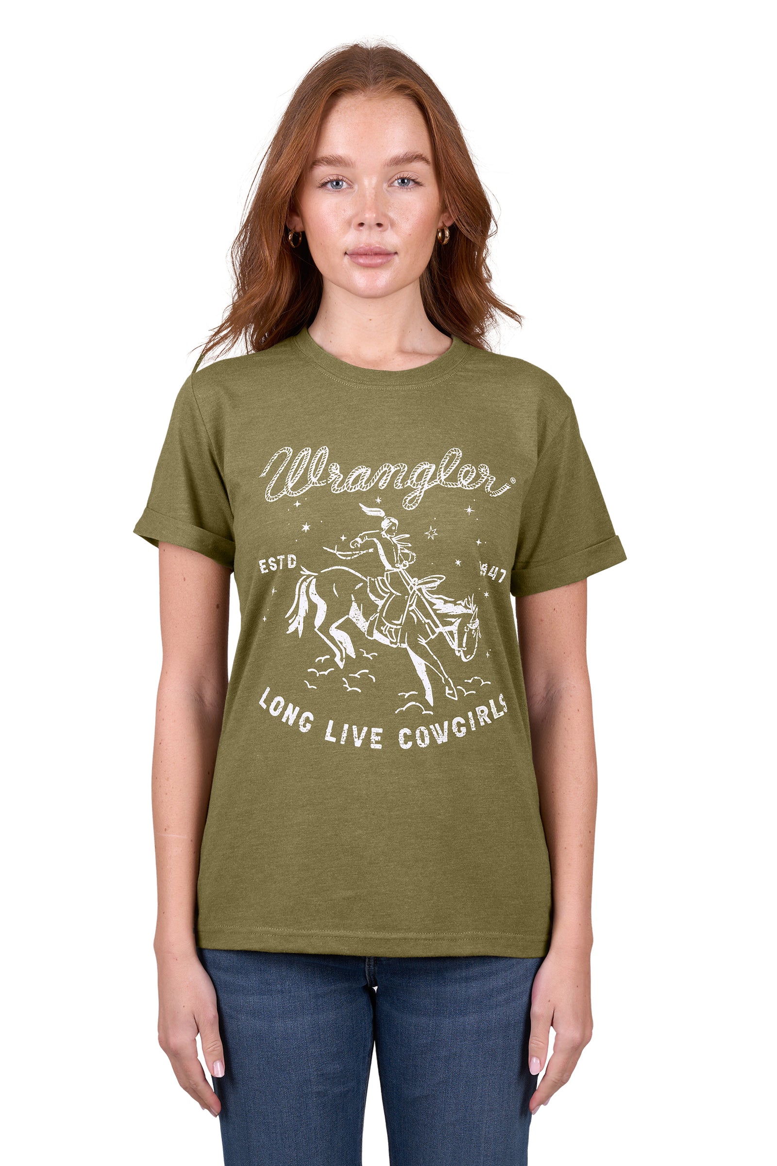 A woman wearing a green Wrangler women's layla short-sleeve t-shirt with text graphic on the front.