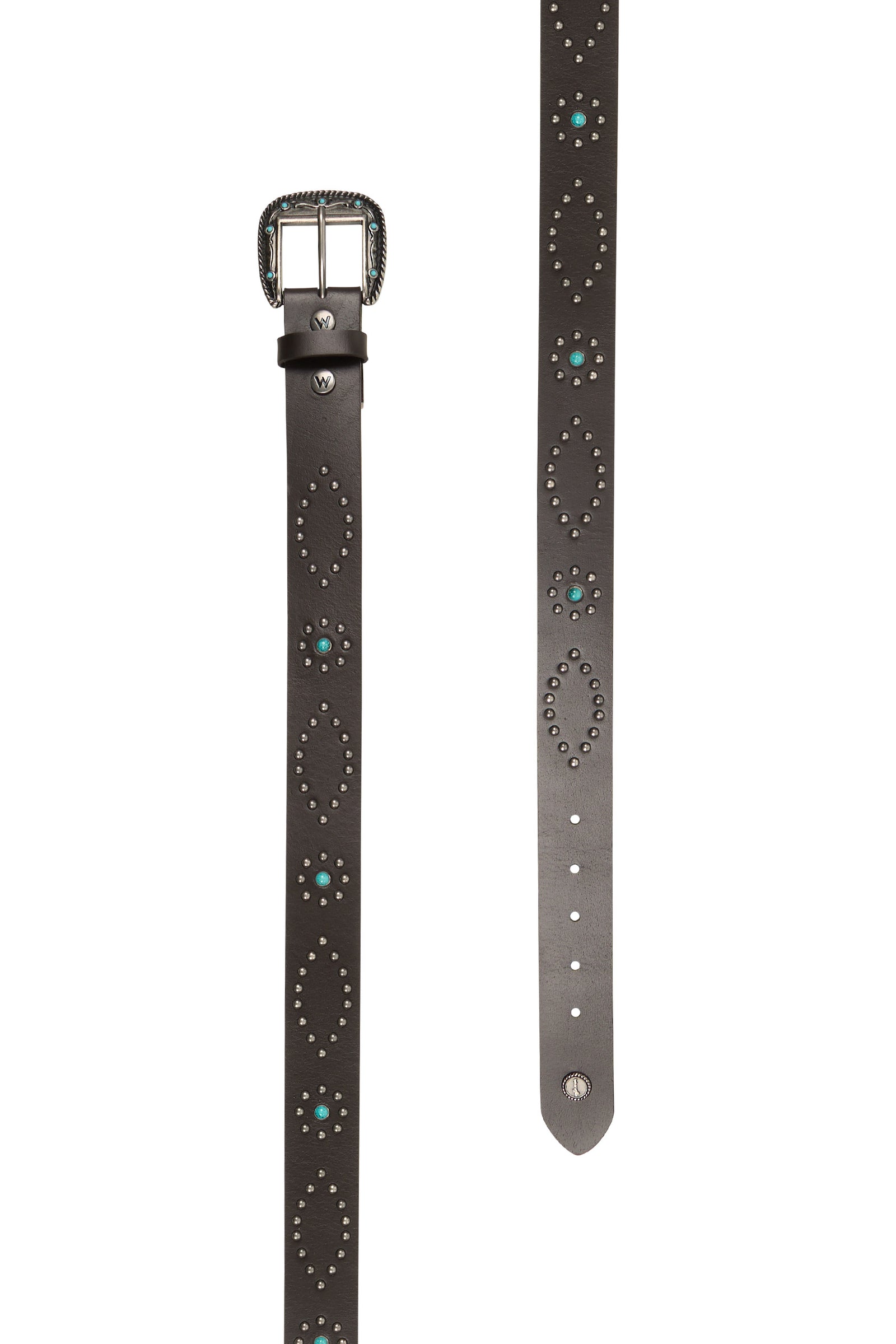 A women's Wrangler Danica Western belt with black leather and a decorative buckle with turquoise studs and silver hardware.