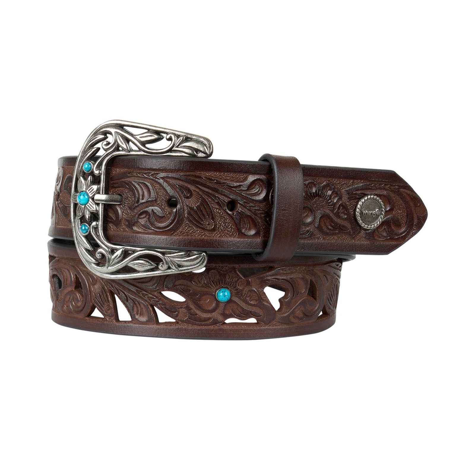 A brown leather Wrangler western belt for women with a stylish silver buckle and turquoise studs.