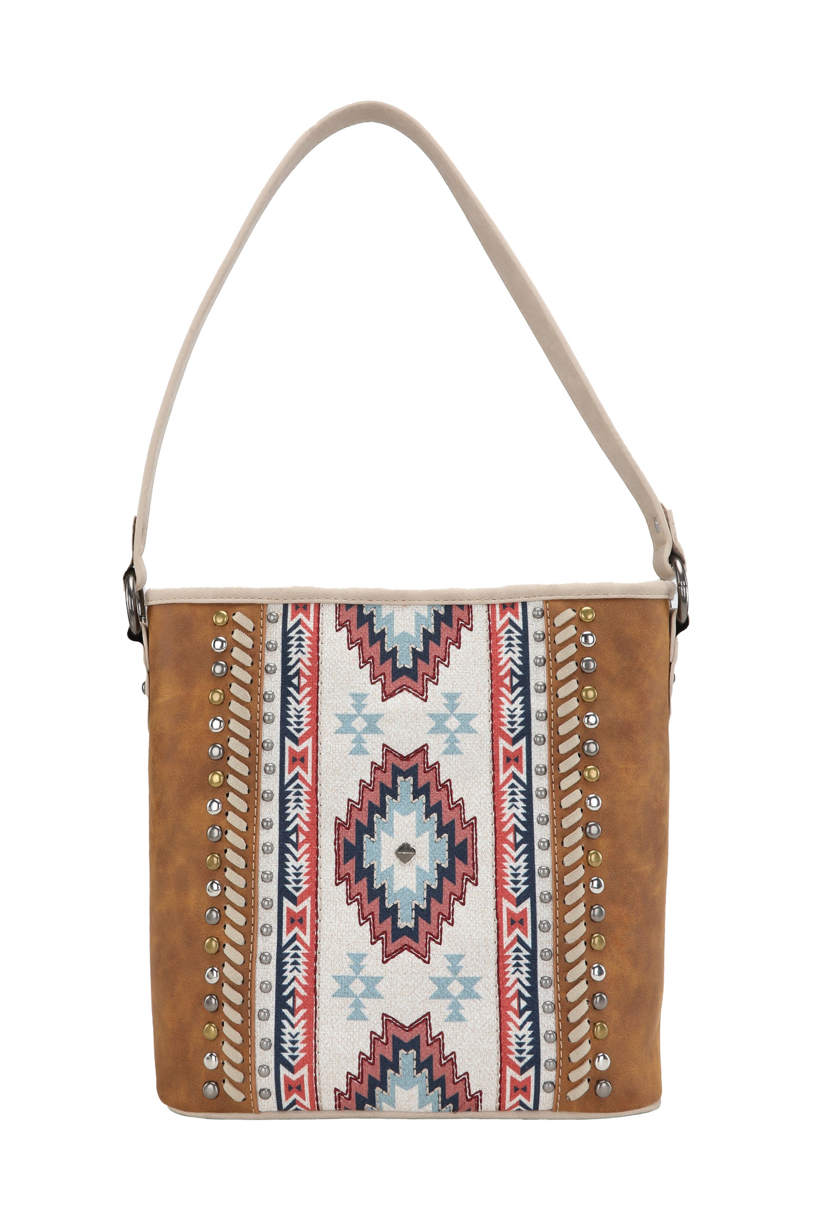 A brown Wrangler Women's Carmen Western Bag with a geometric pattern on the front, featuring a shoulder strap, metal feet, and a top zip opening.