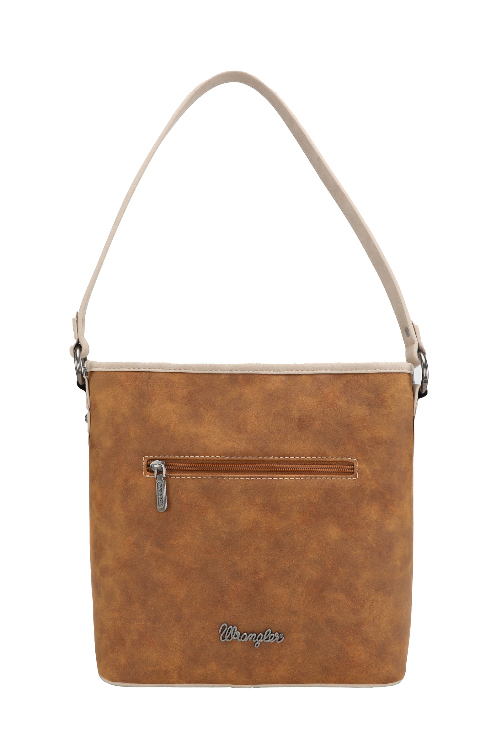 A brown Wrangler Women's Carmen Western Bag with a geometric pattern on the front, featuring a shoulder strap, metal feet, and a top zip opening.