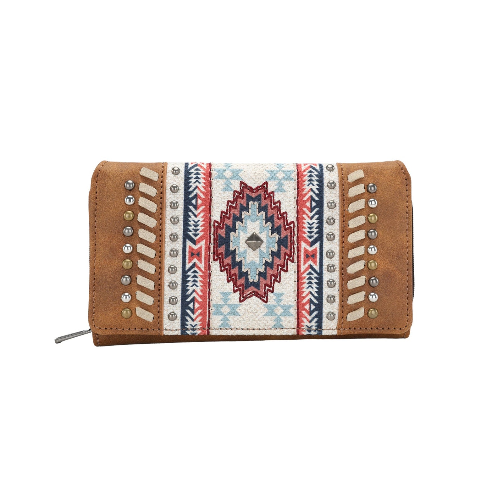 A brown Wrangler Women's Carmen Western Wallet with a geometric pattern on the front, featuring zip around closure and embellished with studs.