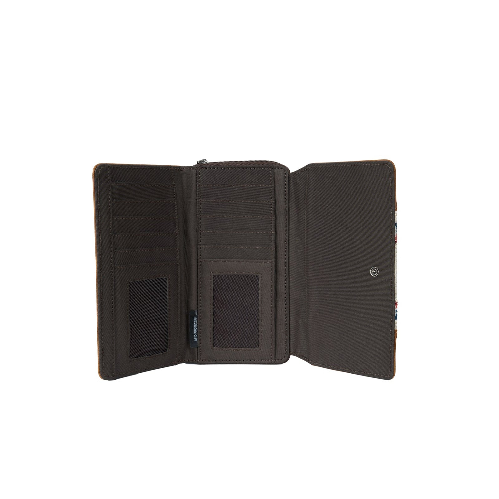 A brown Wrangler Women's Carmen Western Wallet with a geometric pattern on the front, featuring zip around closure and embellished with studs.