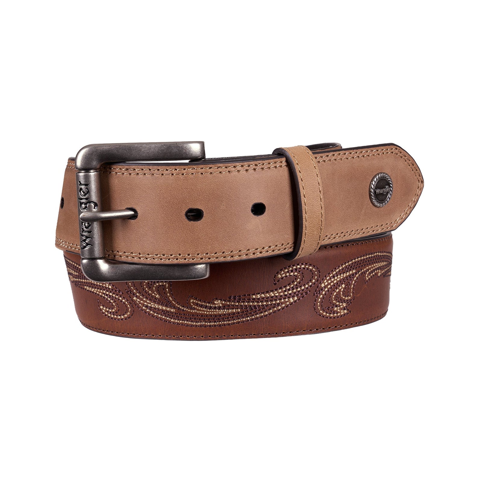 Brown leather belt with decorative stitching on a white background