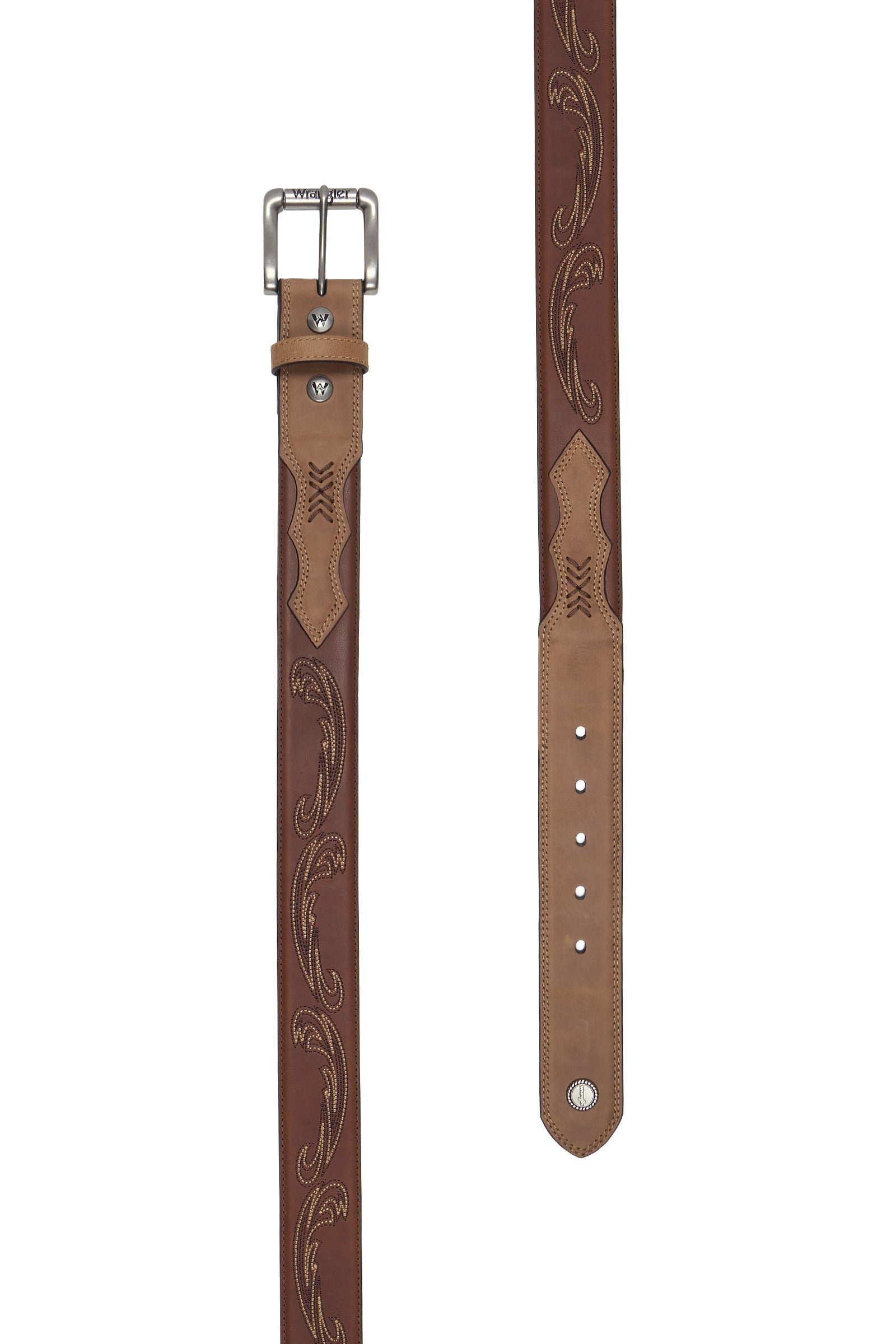 A brown leather belt with hand-tooled western scrollwork and a silver-tone buckle, shown in two vertical views on a white background.