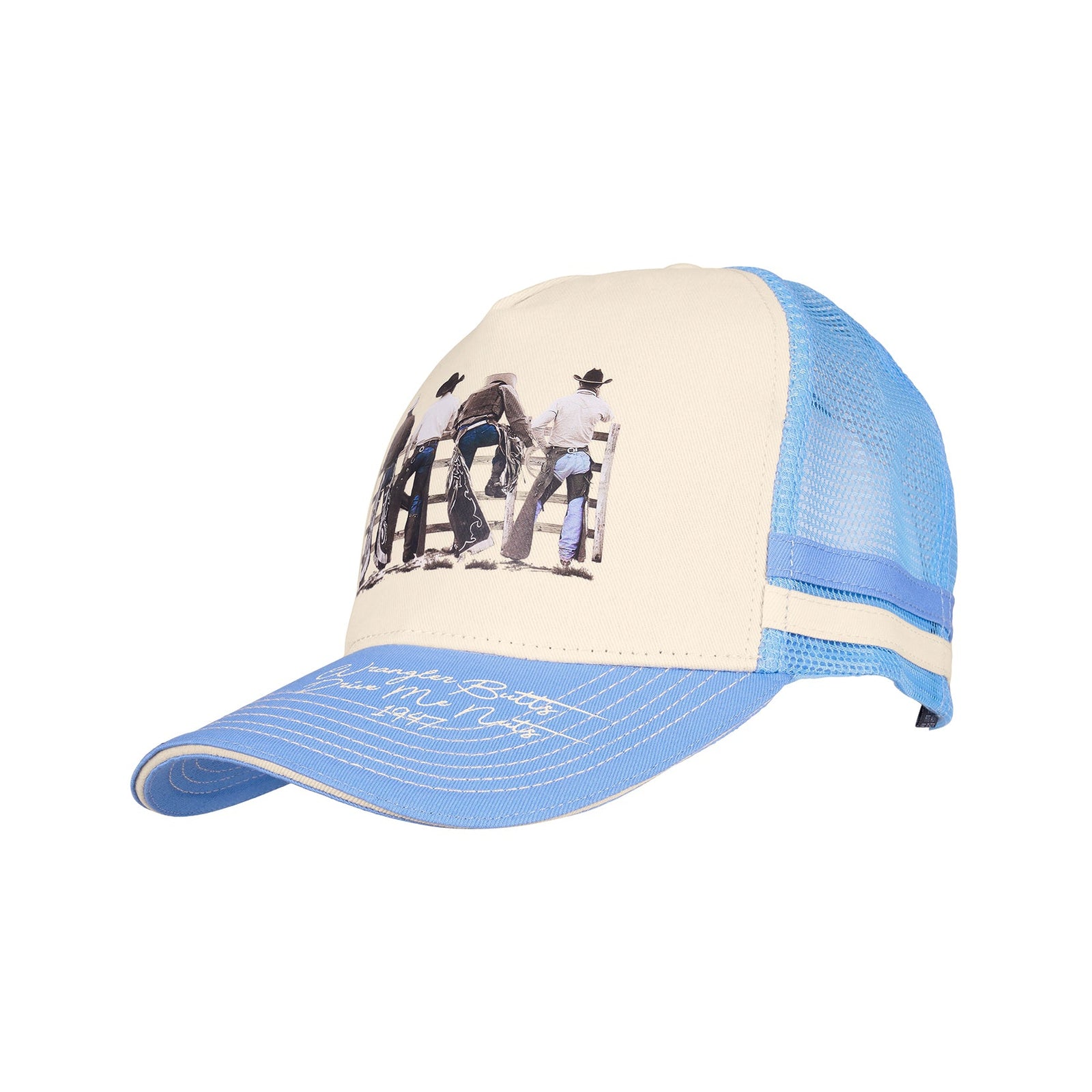 Two-tone blue and beige cap with printed visor on a white background