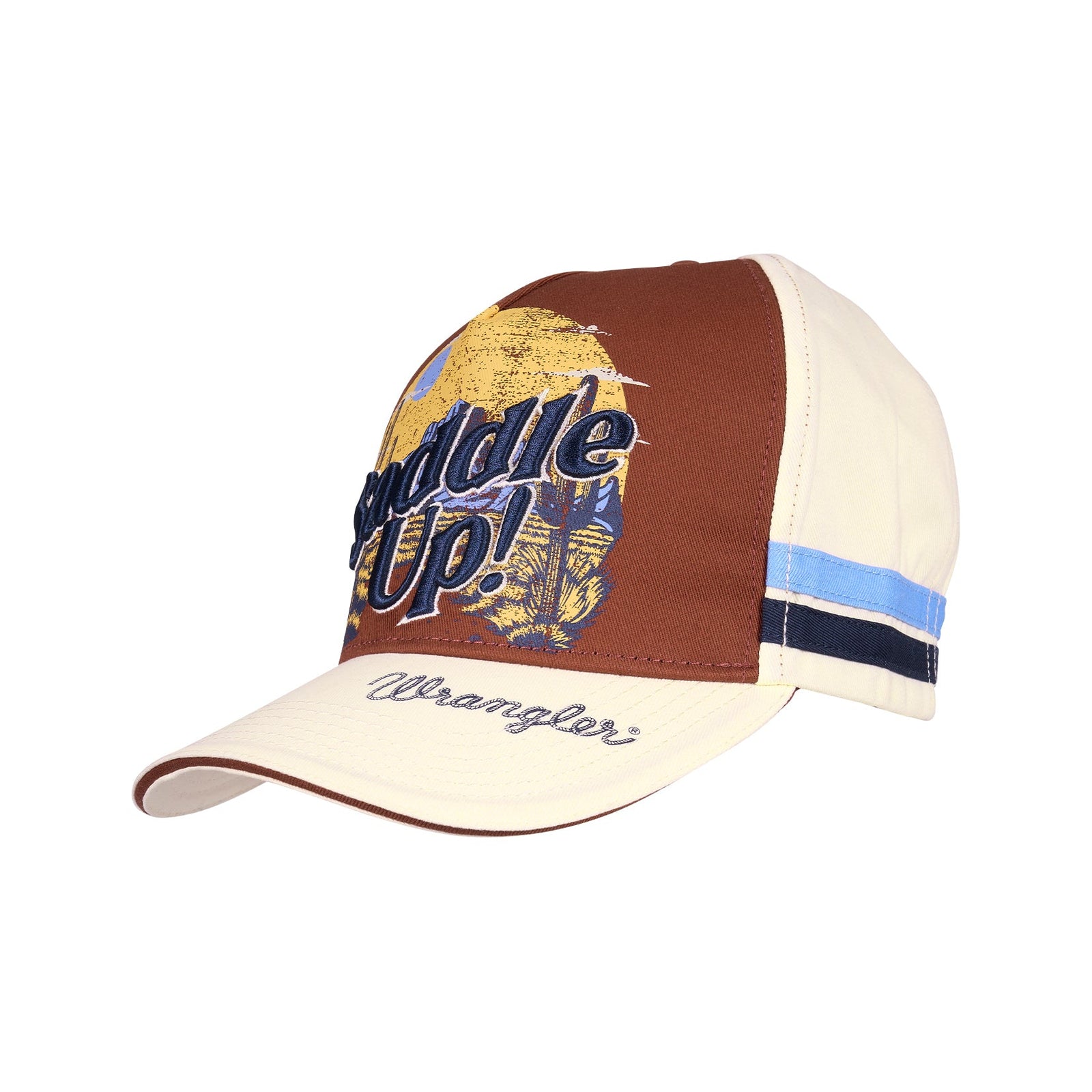 Cap with 'Rumble Up!' text and Wrangler branding on a white background