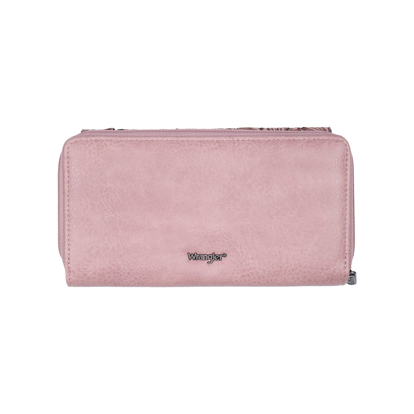 A light pink faux suede zip-around wallet with a small silver-tone metal logo plaque on the front, displayed against a solid white background.