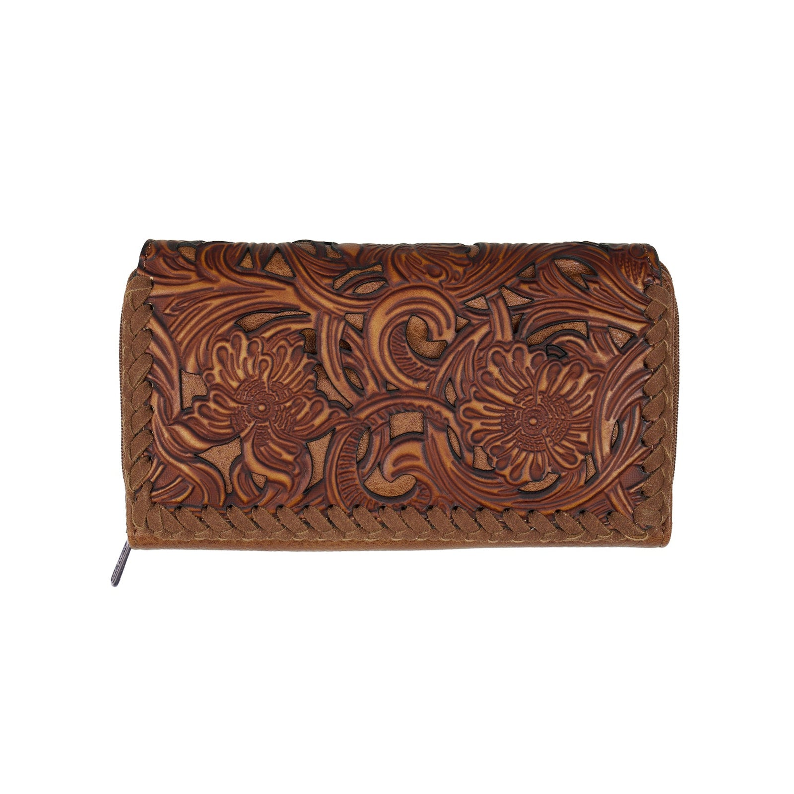 Brown leather wallet with intricate floral embossing on a white background