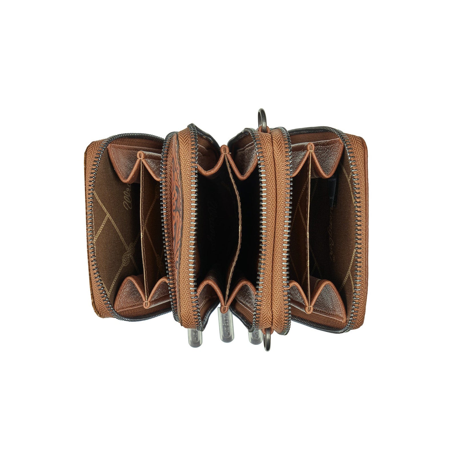 A brown leather accordion-style wallet shown open against a plain white background, displaying multiple interior compartments and zippered sections.