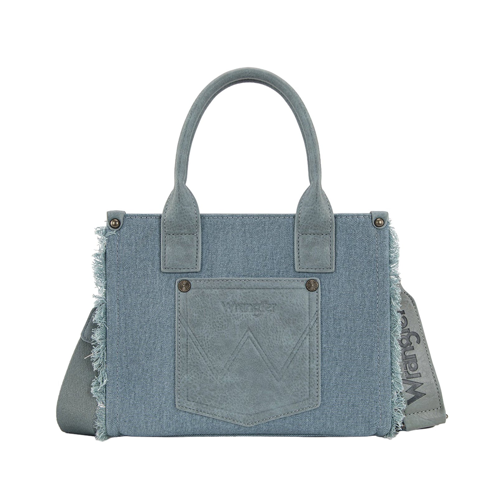 Denim handbag with a pocket on a white background