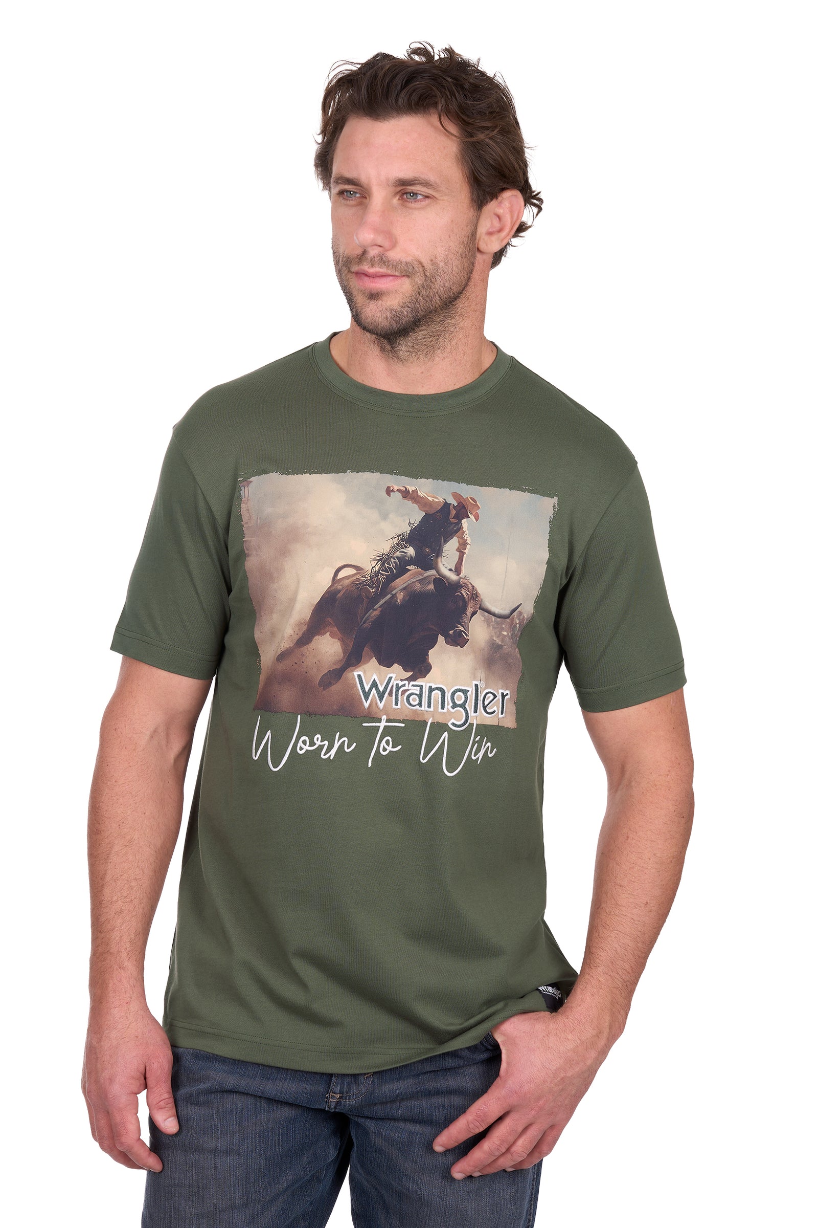 Man wearing a green t-shirt with a graphic design and 'Wrangler' branding.