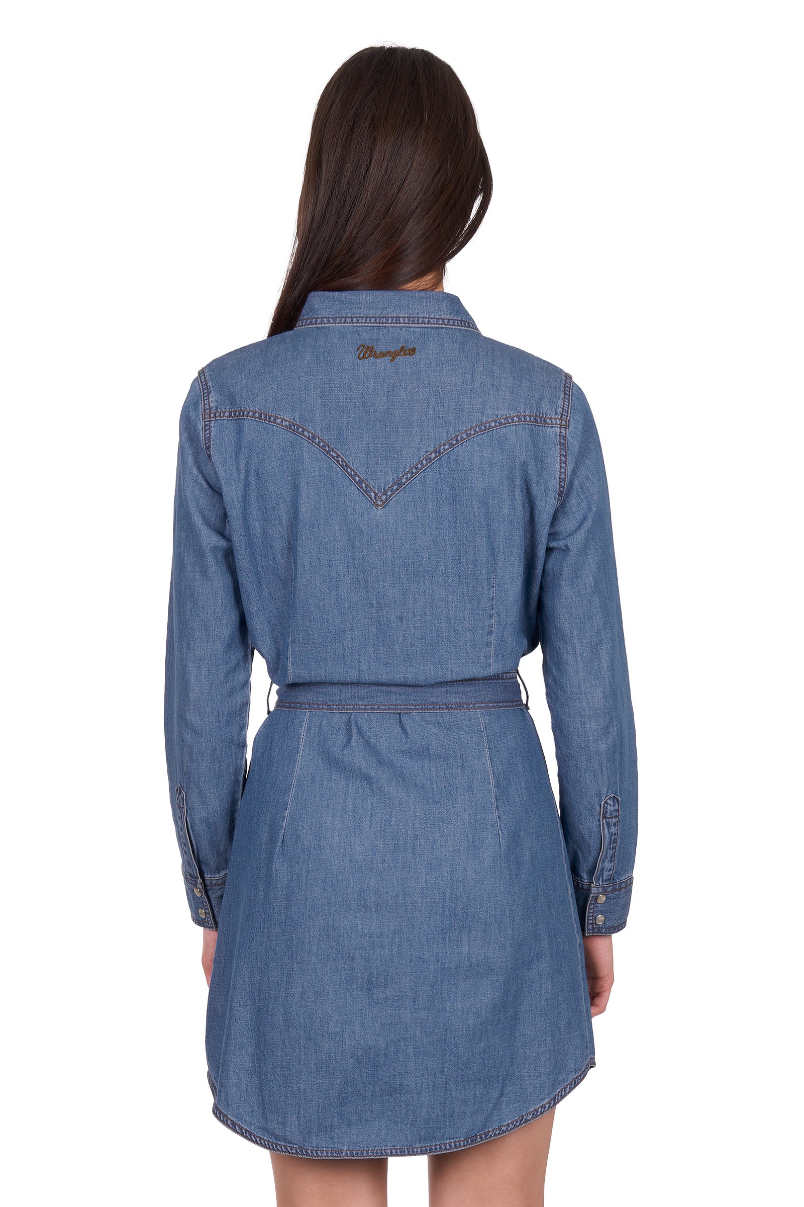 Blue denim dress with a brand logo on the back, worn by a model against a white background.