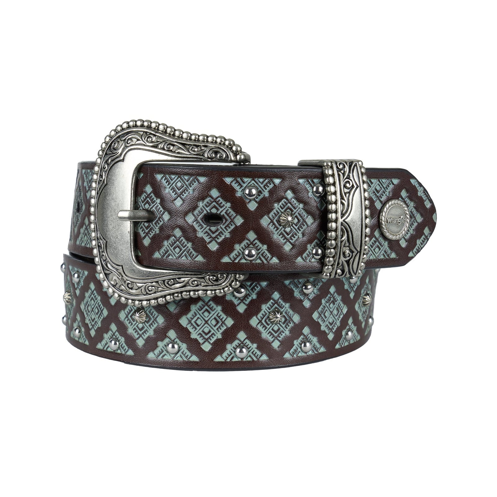 Brown leather belt with intricate pattern and silver buckle on a white background