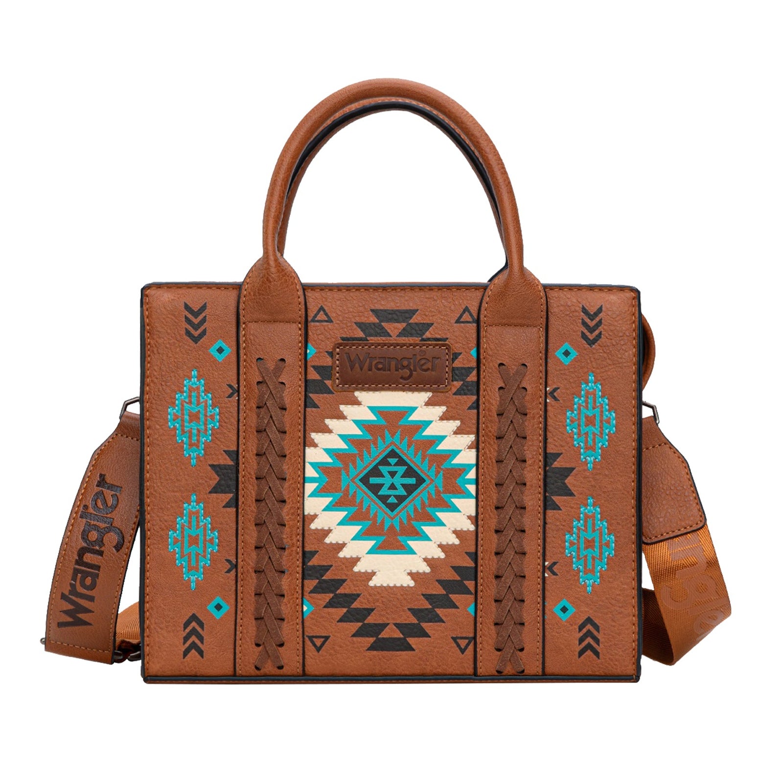 Brown leather handbag with tribal patterns and 'Wrangler' branding on a white background