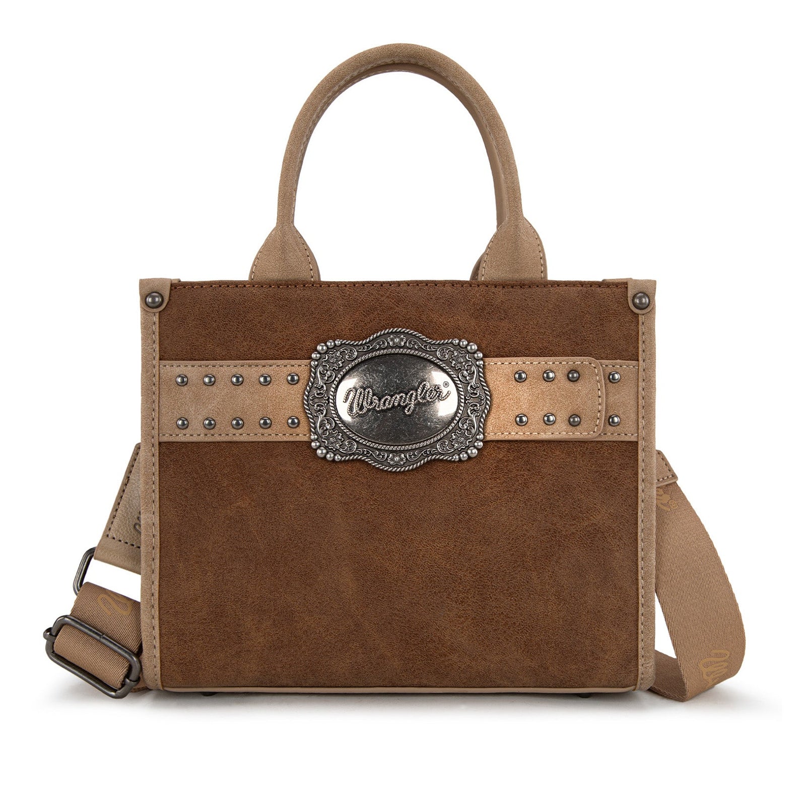 Brown handbag with a decorative buckle on a white background