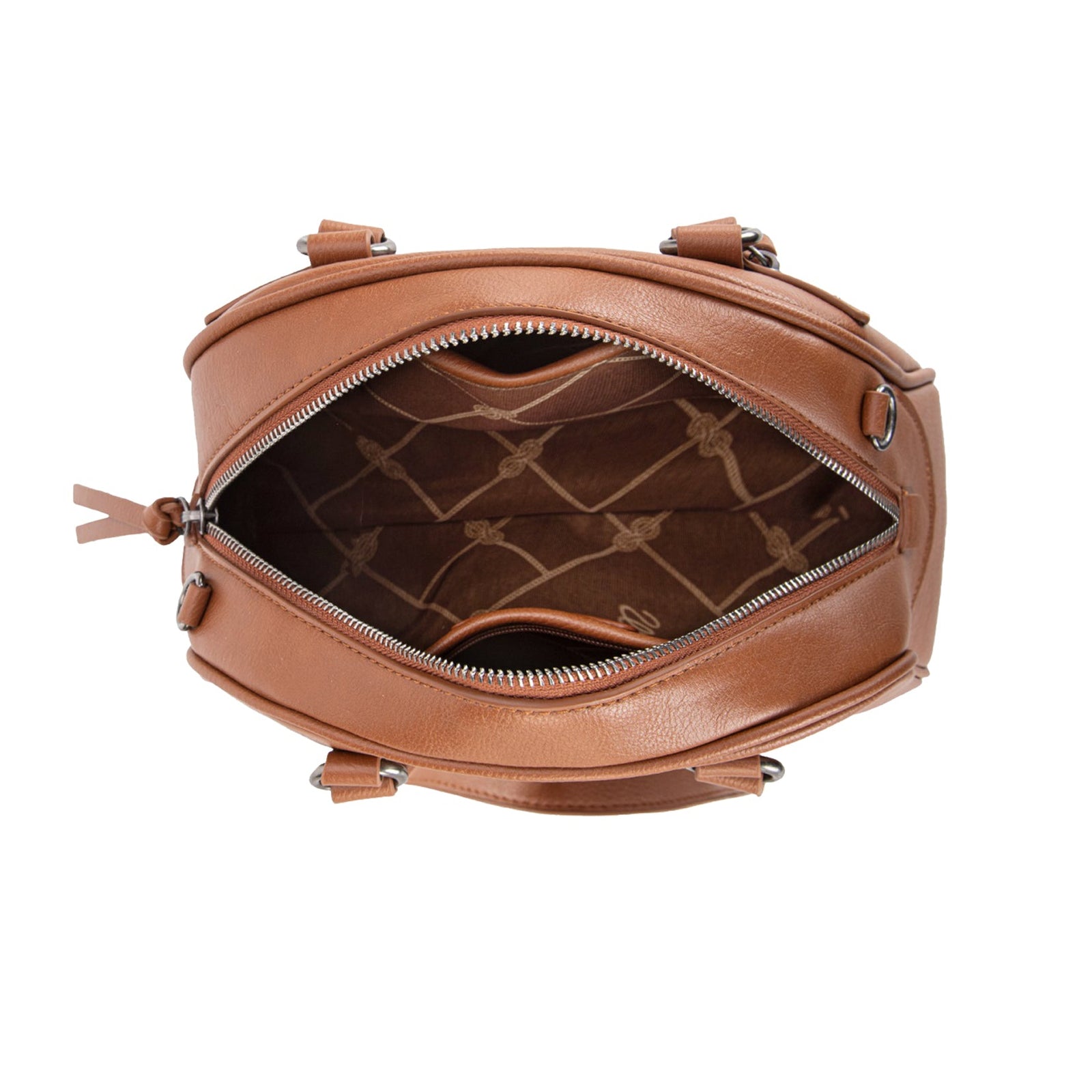 Brown leather handbag with open front pocket on a white background