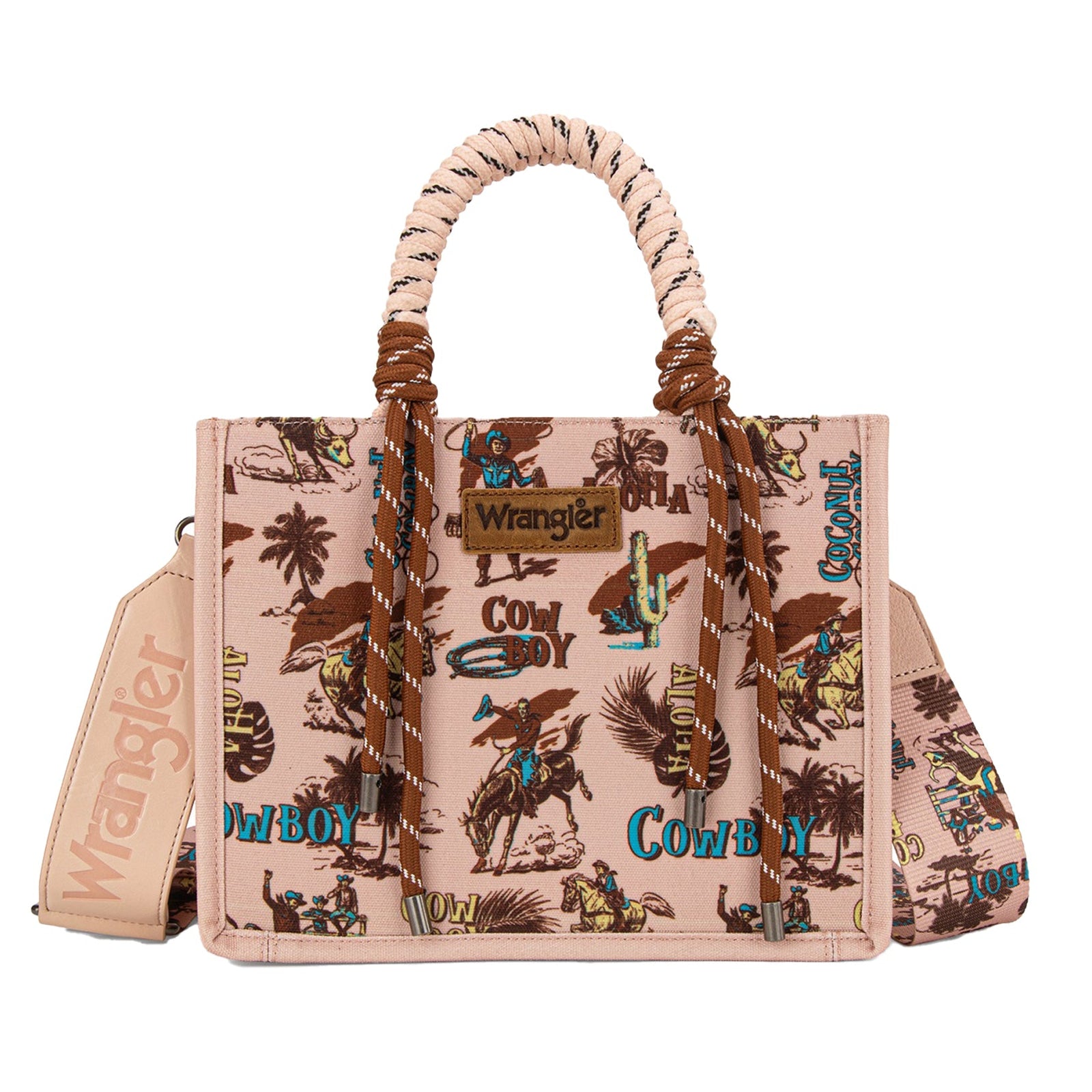 Handbag with cowboy print and Wrangler branding on a white background