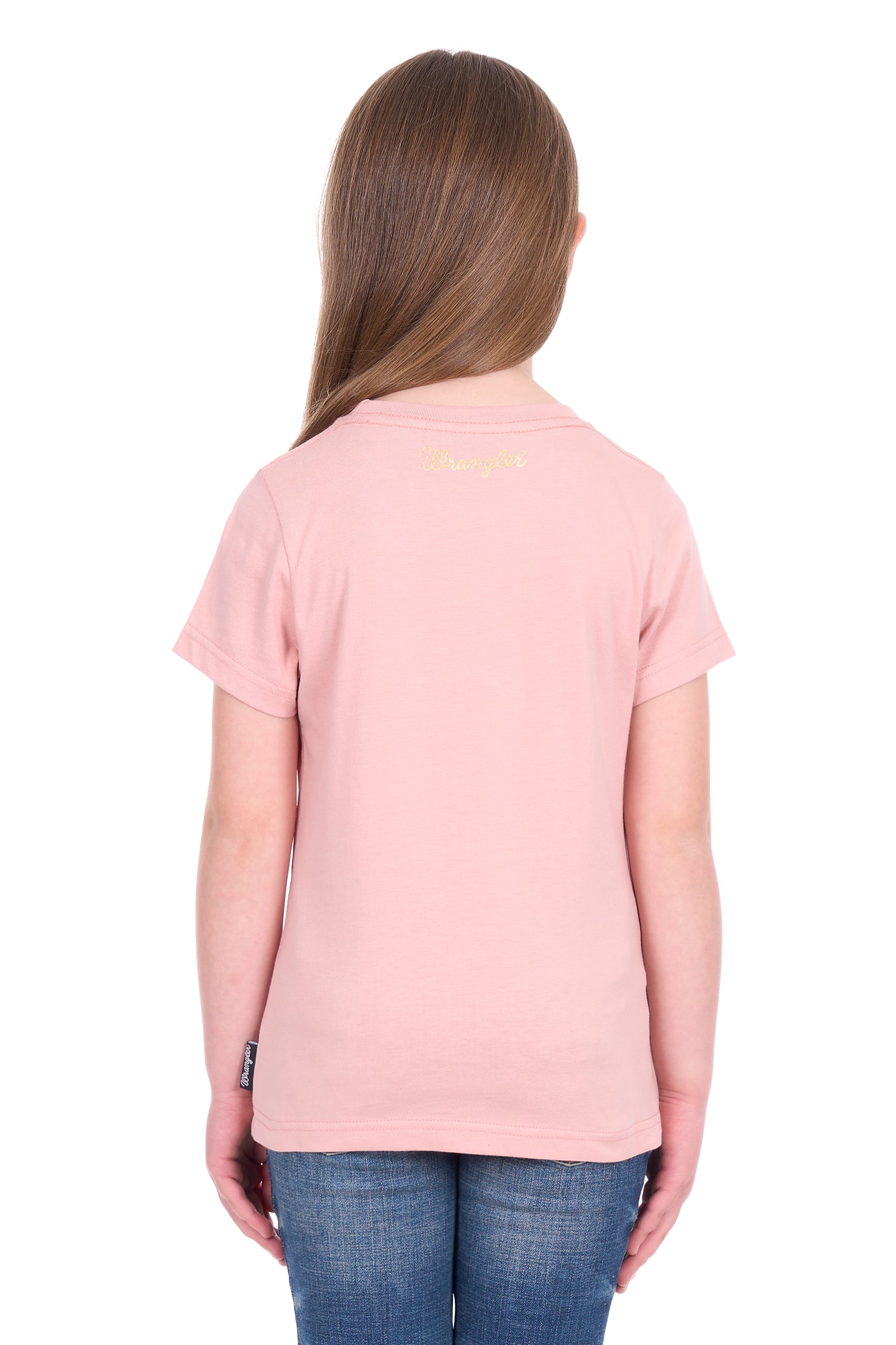 Person wearing a pink t-shirt with text on the back, standing against a white background