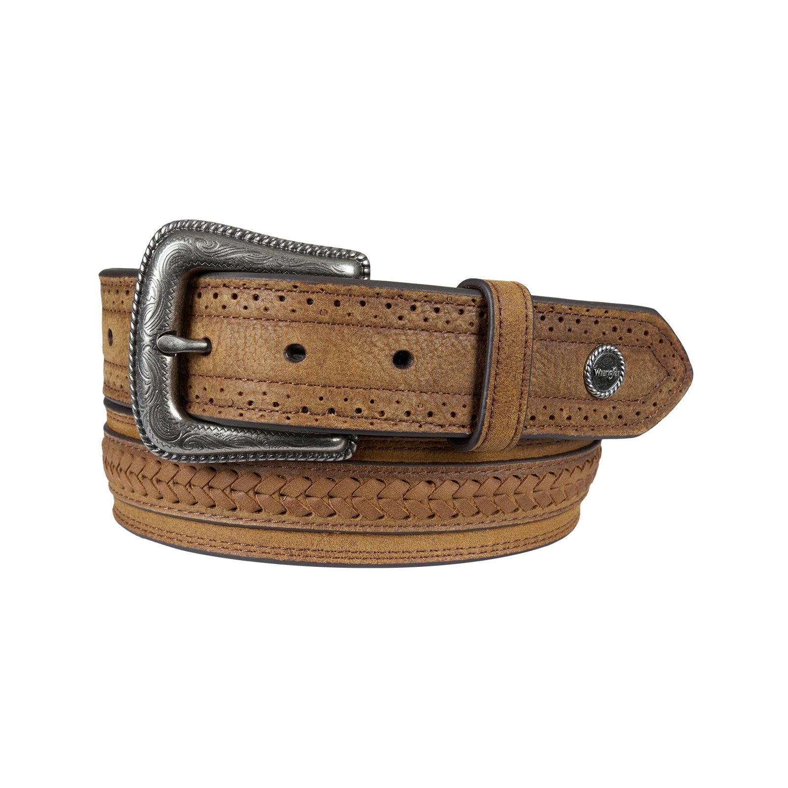 Brown leather belt with silver buckle on a white background