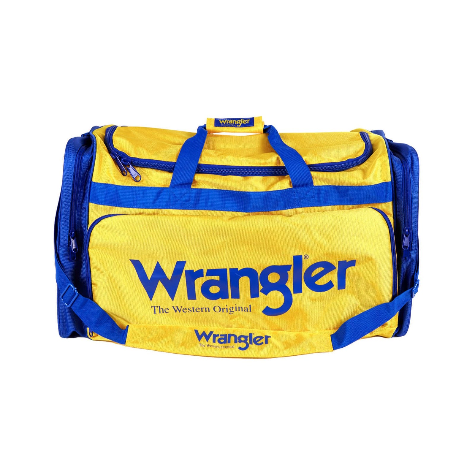 A yellow and blue Wrangler iconic gear bag with multiple zippered compartments and an adjustable strap.