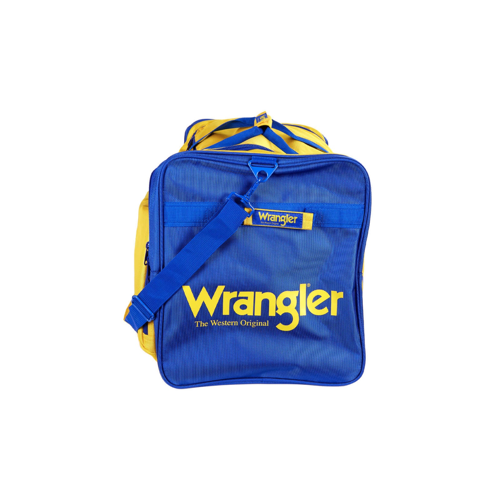 A yellow and blue Wrangler iconic gear bag with multiple zippered compartments and an adjustable strap.