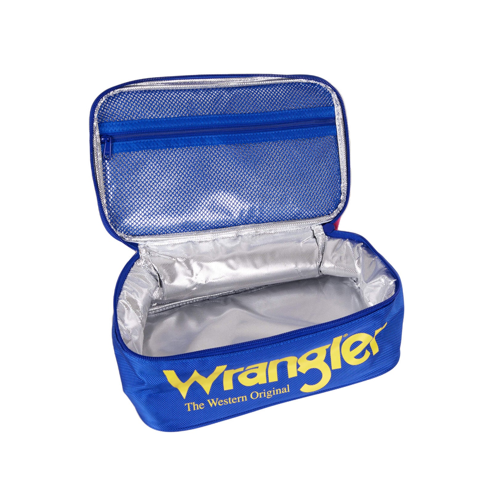 Inside of Wrangler western, yellow and blue lunch bag with the Wrangler logo printed in blue.