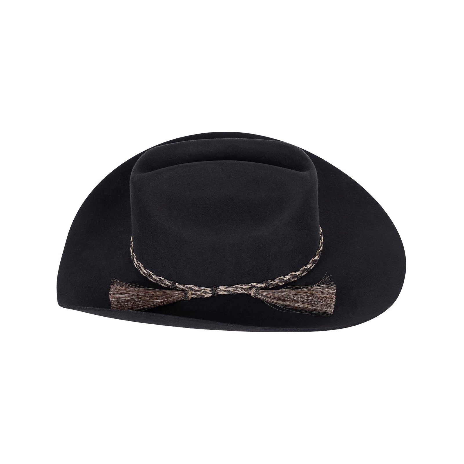 Wrangler Horsehair Hat BandBlack cowboy hat with a decorative band on a white background