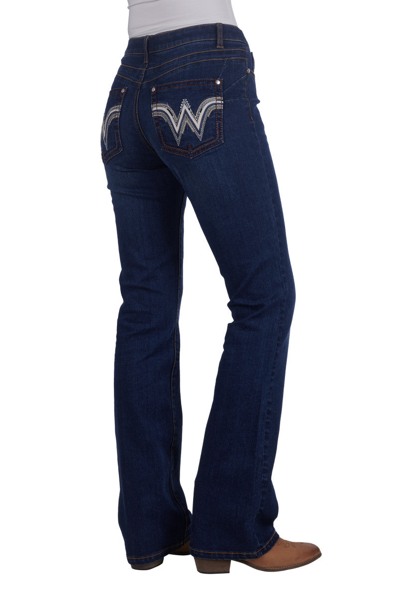 A rear view of a woman wearing Wrangler Women's Tilly Q Baby Booty Jeans, displaying the boot cut and the 'W' logo on the back pocket.