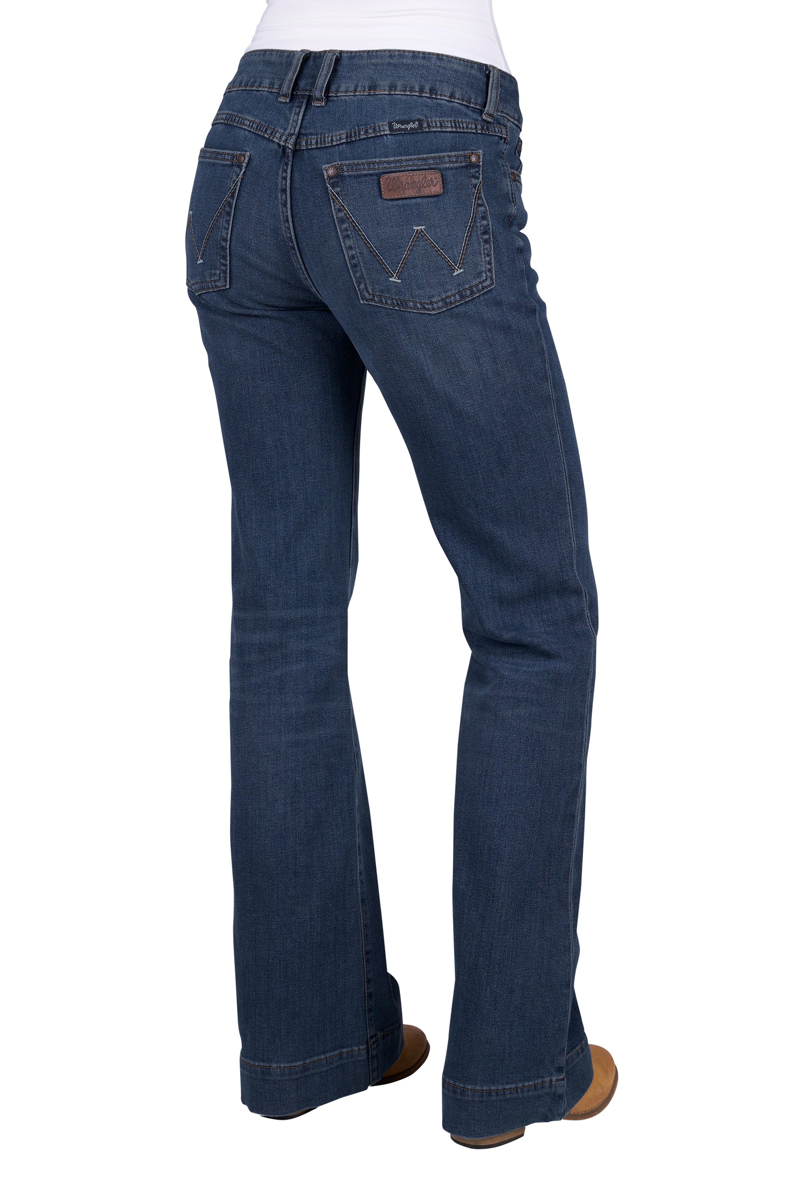 A pair of Wrangler Women's Mae Blair Trousers in a blue denim color, featuring a mid-rise waist, two front scoop pockets, and a gradual opening down the leg.