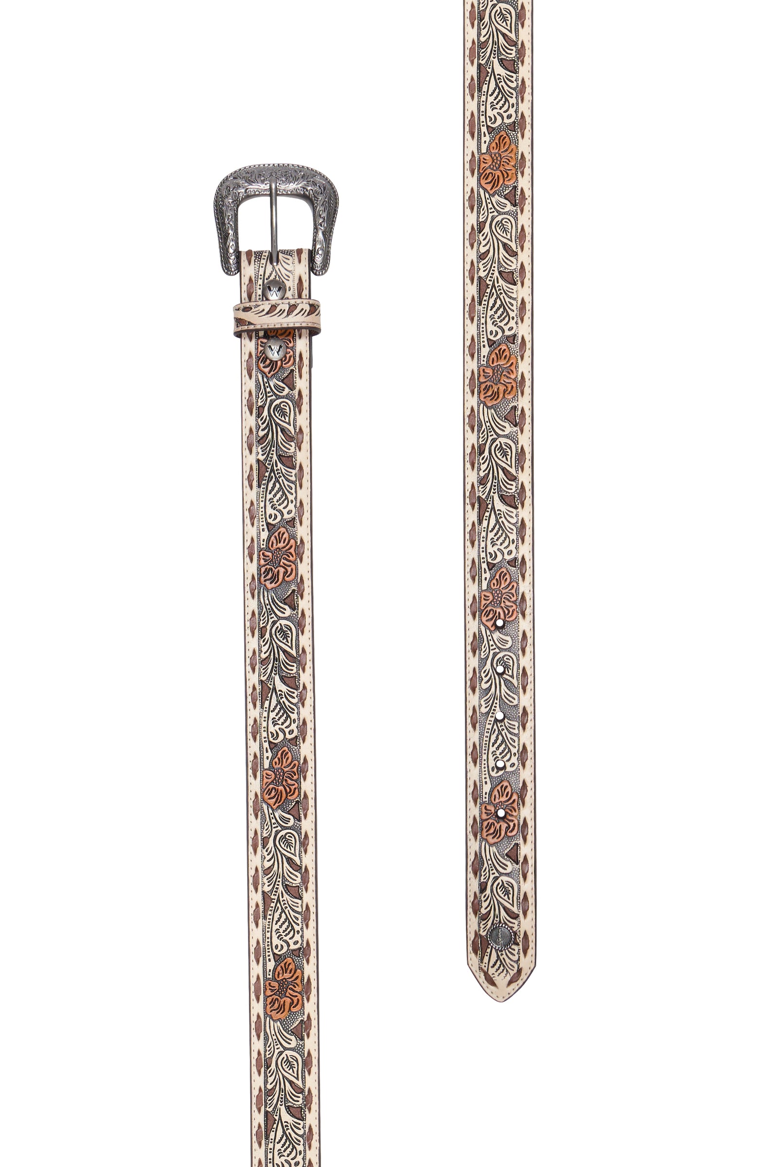 A western-style belt with a silver-toned buckle, featuring a silver and rose gold floral-embossed strap on a white background.