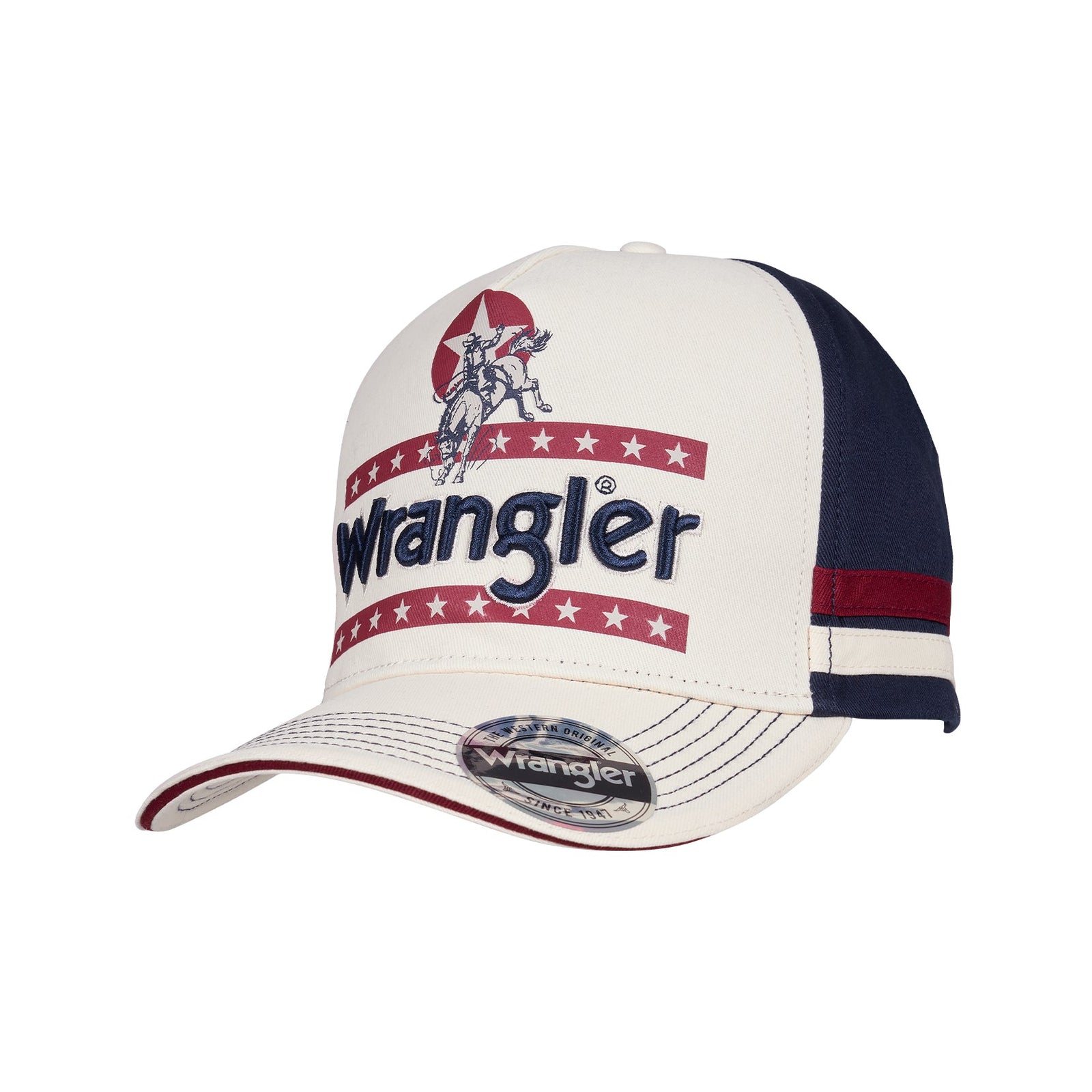 White and navy cap with Wrangler logo on a white background