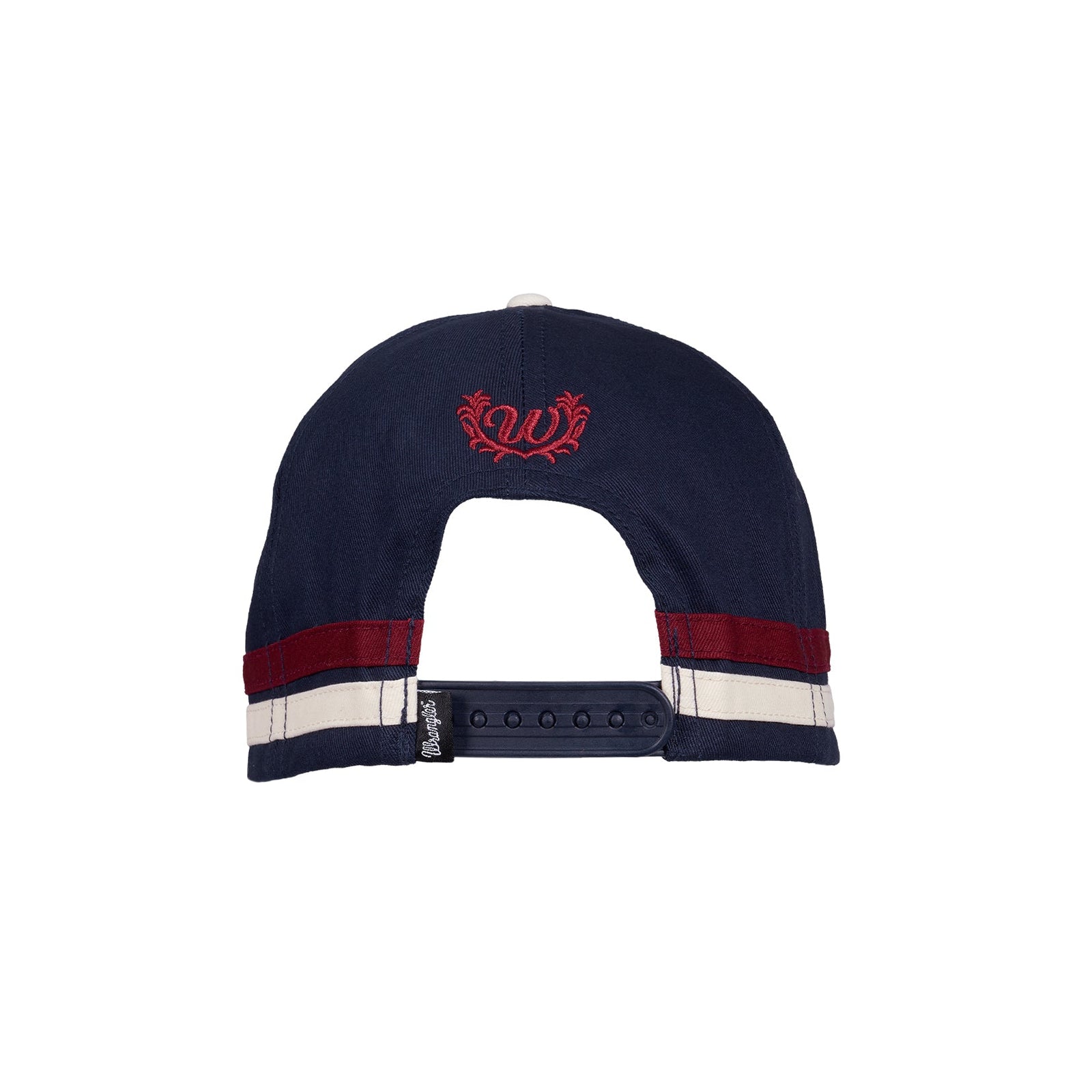 A navy blue baseball cap shown from the back, featuring a red embroidered monogram logo on the back panel and striped trim in red, white, and navy on the brim.
