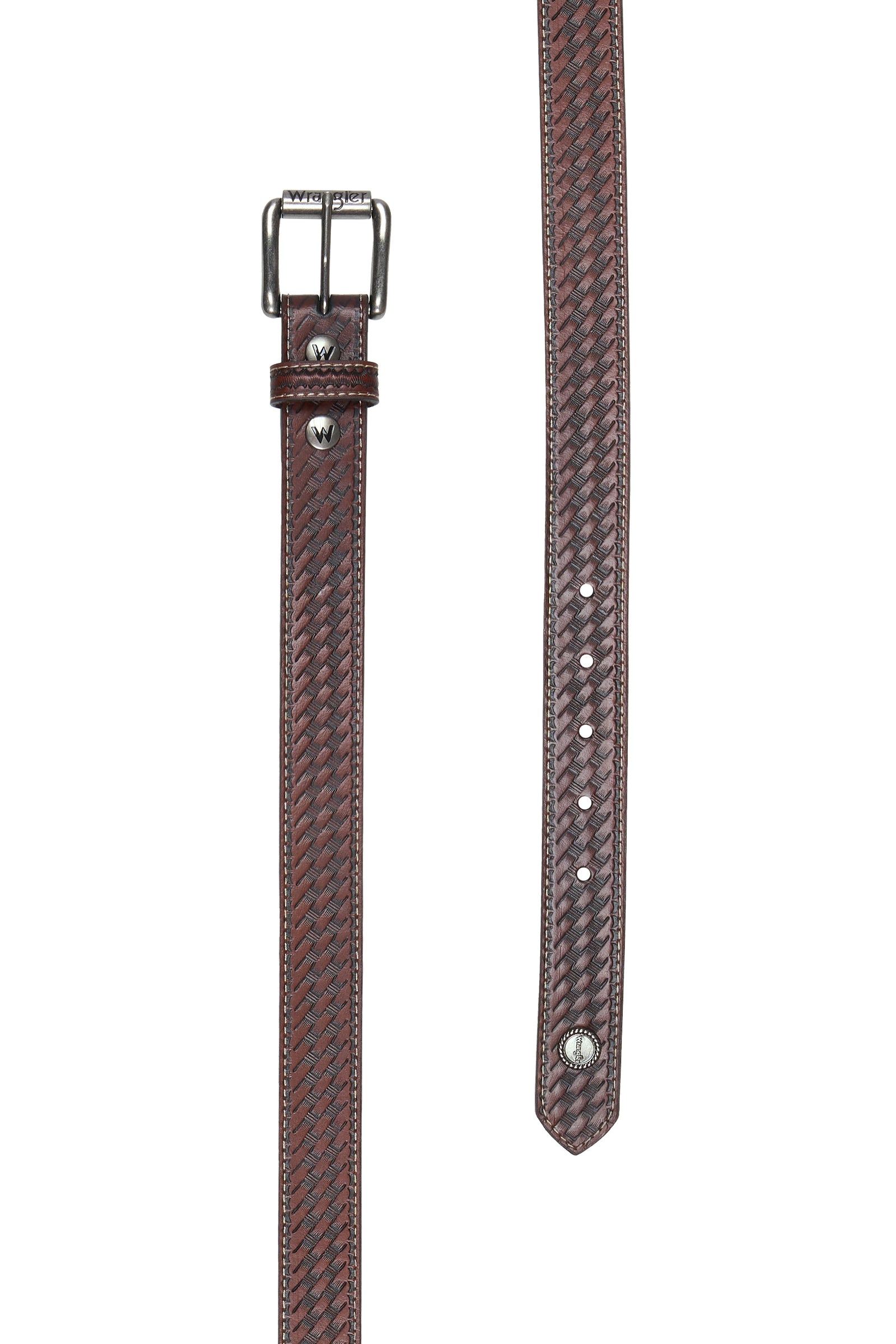 A dark brown textured leather belt shown in two views: a full-length view with a silver-tone metal buckle on the left, and a close-up of the strap's pattern on the right, set against a plain white background.