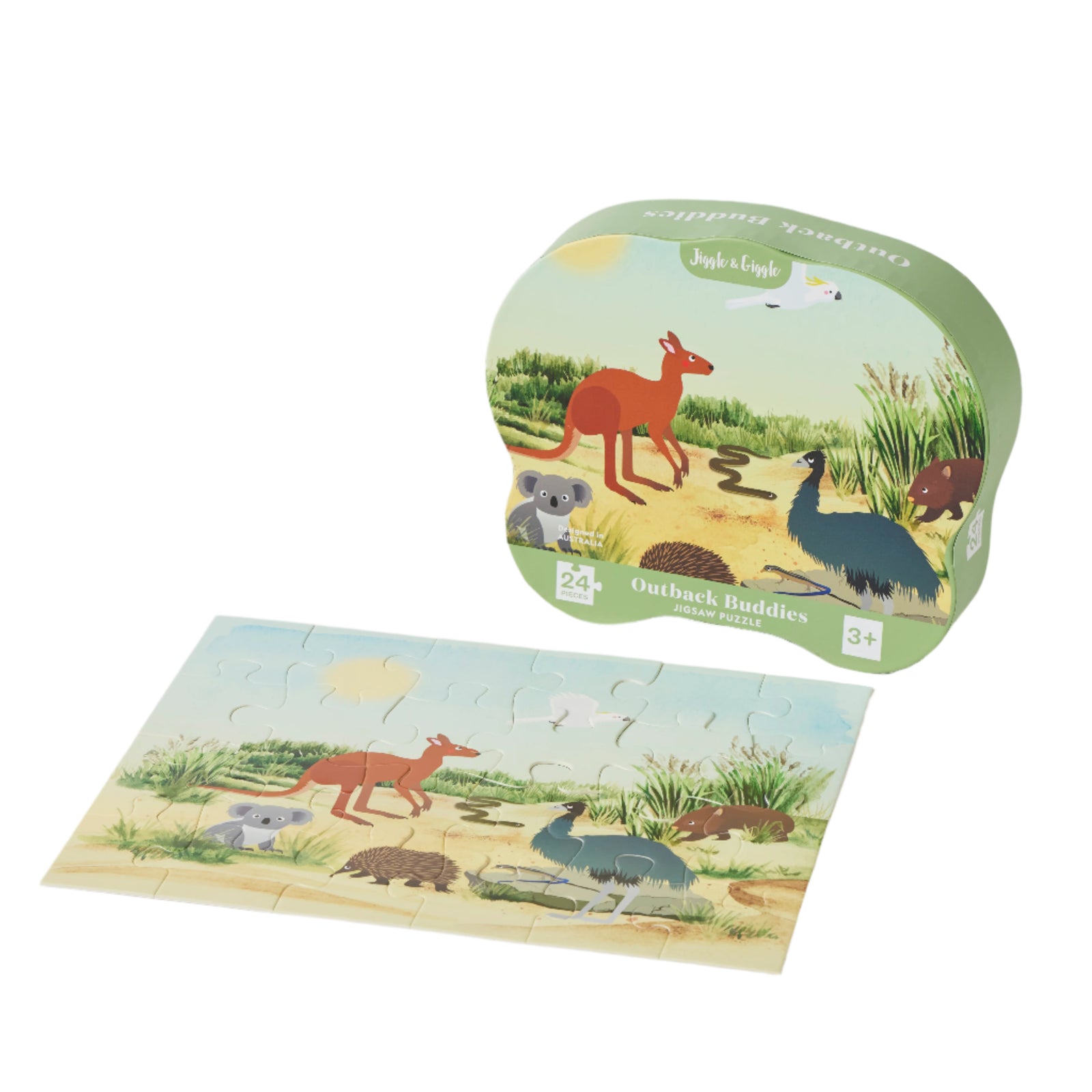 Jiggle & Giggle Outback Buddies Jigsaw 24 Piece Puzzle. Children's puzzle with a green lid featuring Australian animals on a white background