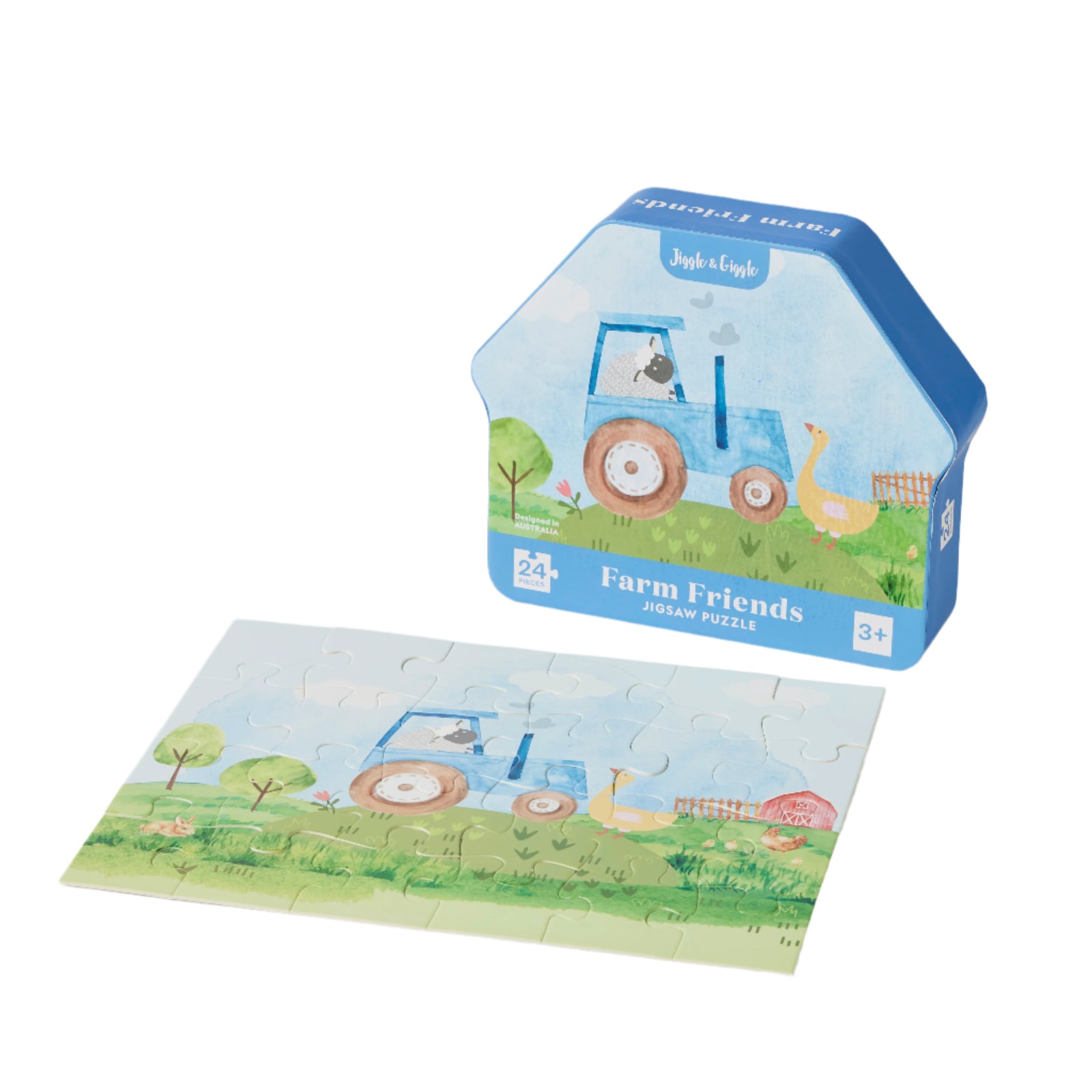 Joggle & Giggle Farm Friends Jigsaw 24 Piece Puzzle. Children's puzzle set with 'Farm Friends' theme and packaging on a white background