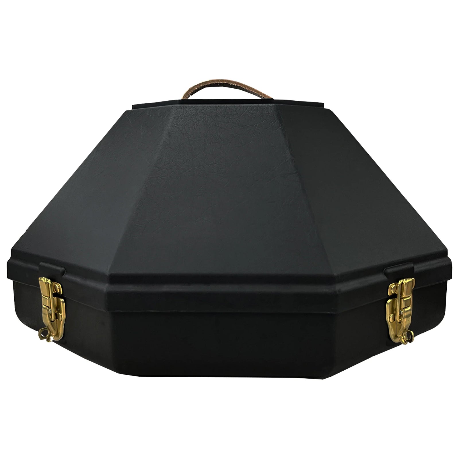 5" Hat Can. Black diamond-shaped case with gold clasps on a white background