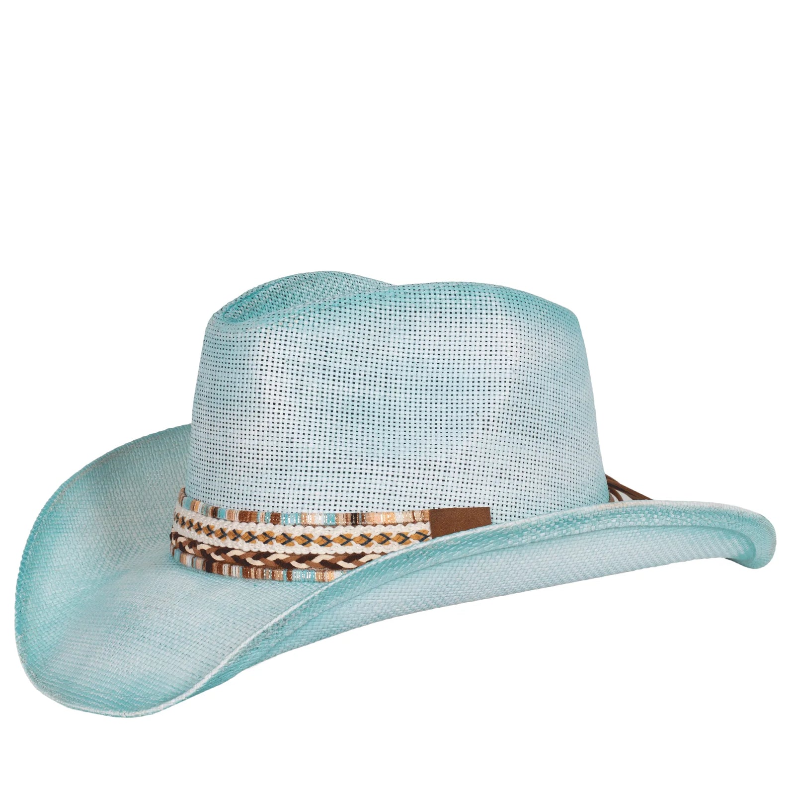 Light blue cowboy hat with a decorative band on a white background