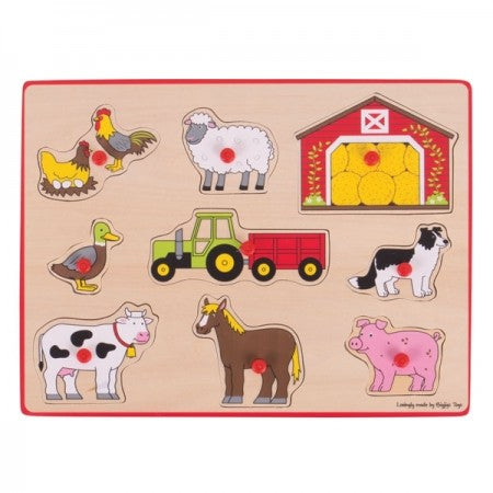 Bigjigs Toys Lift Out Puzzle - Farm. Wooden puzzle with farm animal and vehicle pieces on a beige background
