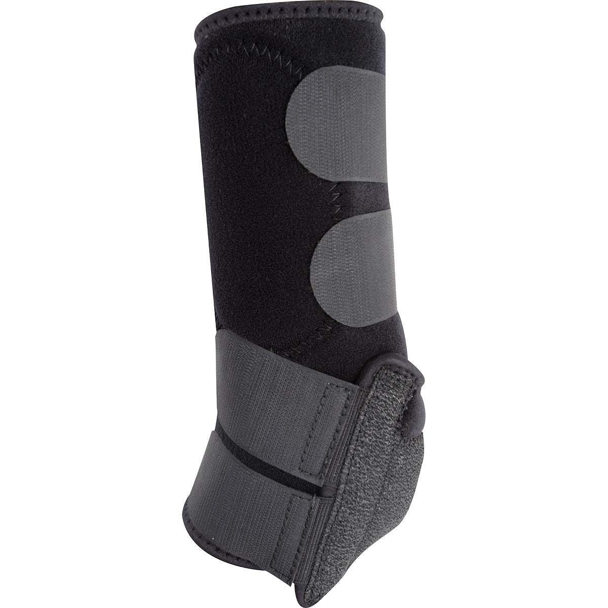 Classic Equine Legacy2 Hind Boots. A black Classic Equine Legacy2 front boot for horses, featuring a hook-and-loop closure and a protective pad over the tendon.
